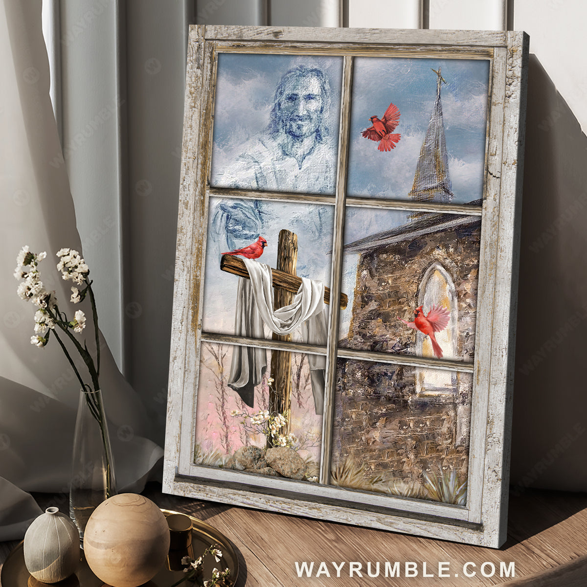 Old church, Wooden cross, Red cardinal, Walking with Jesus - Jesus Portrait Canvas Prints, Home Decor Wall Art