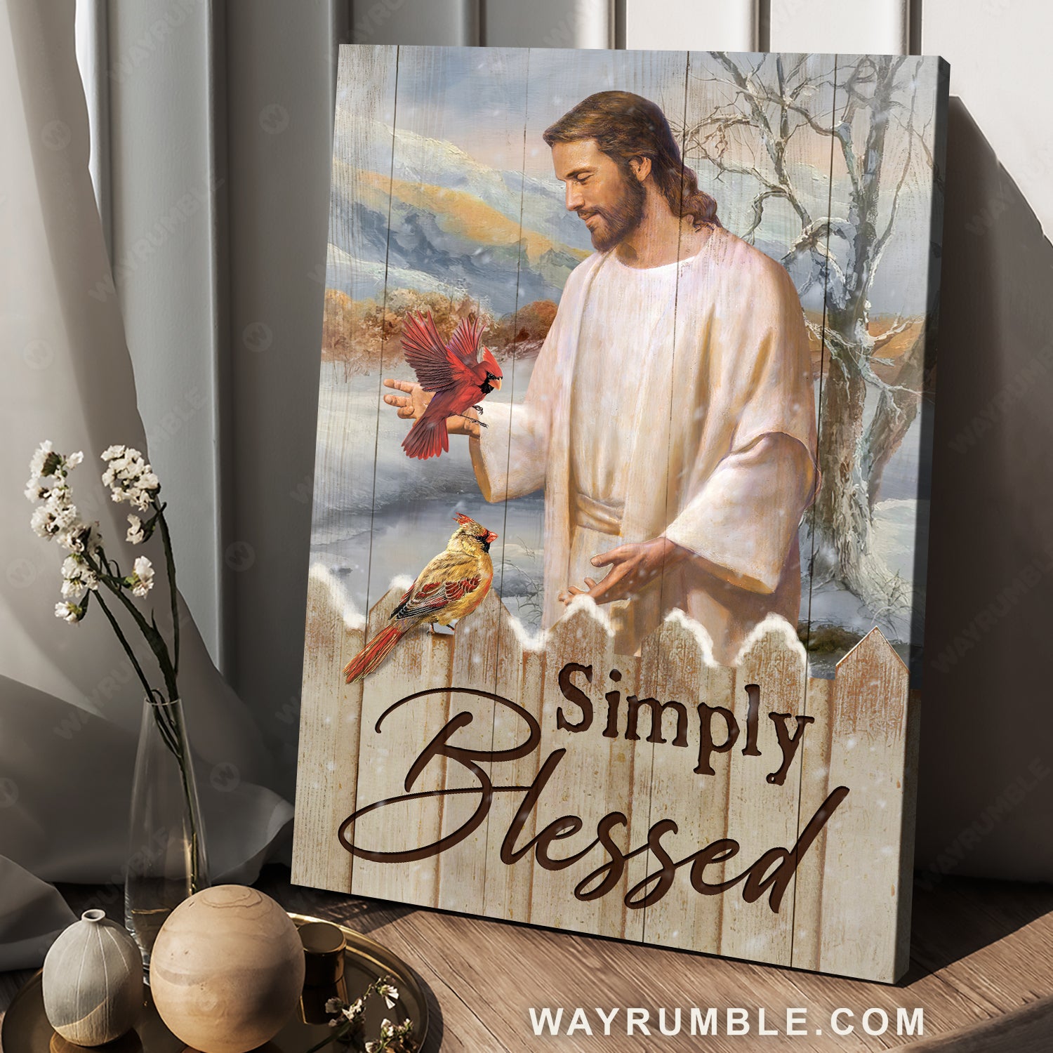 Beautiful Jesus painting, Pretty cardinal, Winter forest, Simply blessed - Jesus Portrait Canvas Prints, Home Decor Wall Art