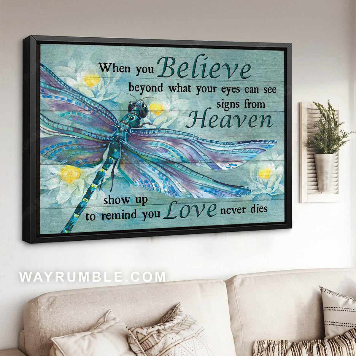 Colorful dragonfly, White flower, Light blue background, Love never dies - Jesus Landscape Canvas Prints, Christian Wall Art