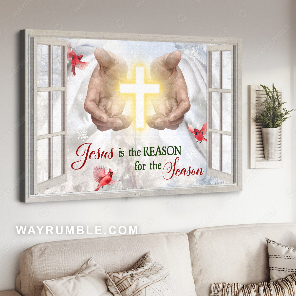 White cross, Beautiful Jesus hand, Jesus is the reason for the season - Jesus Landscape Canvas Prints, Home Decor Wall Art