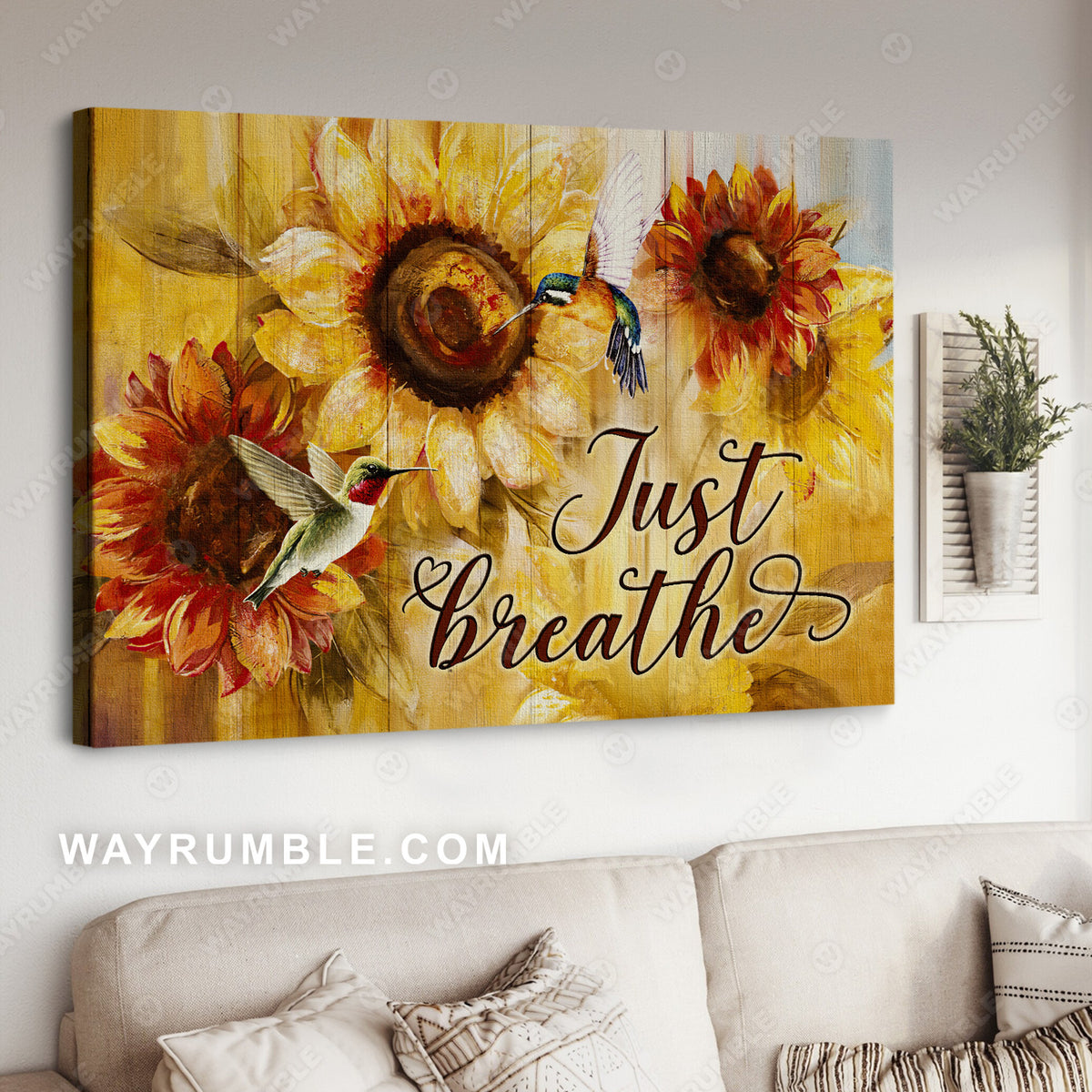 Green hummingbirds, Sunflower painting, Just breathe - Jesus Landscape Canvas Prints, Christian Wall Art
