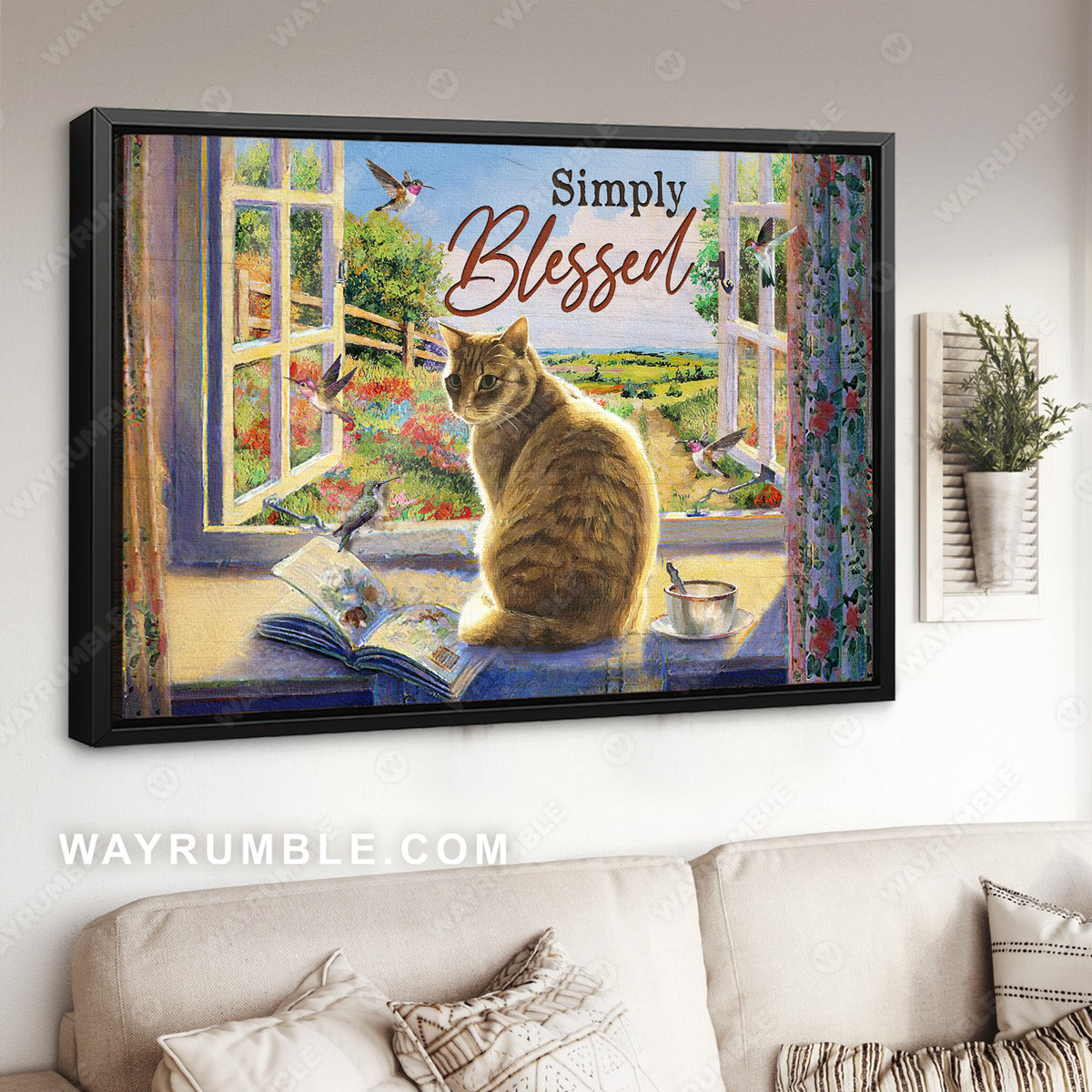 Cute cat, Summer garden, Colorful hummingbird, Simply blessed - Jesus Landscape Canvas Prints, Christian Wall Art