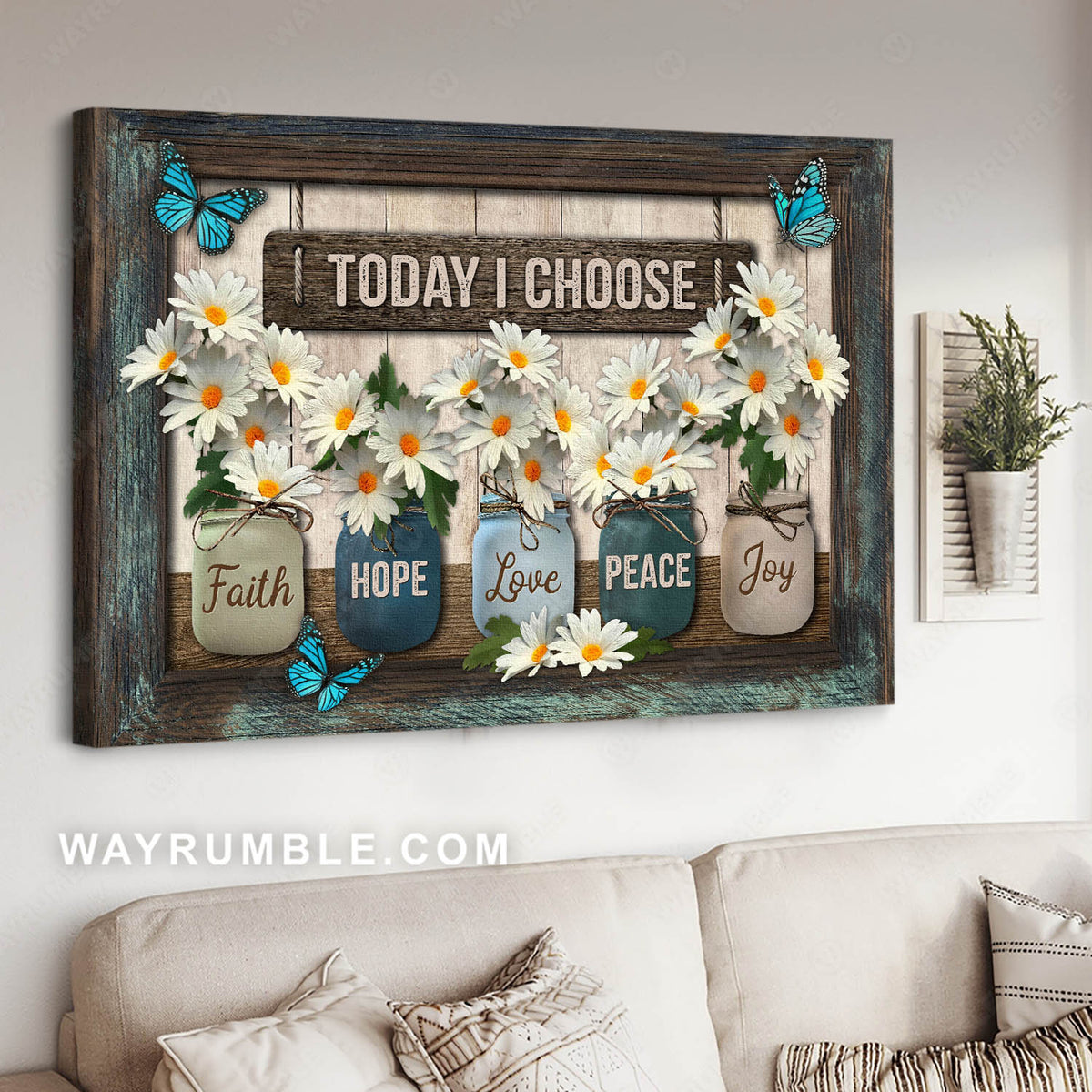 Daisy flower, Mason jar, Blue butterfly, Flower vase, Today I choose - Jesus Landscape Canvas Prints, Christian Wall Art