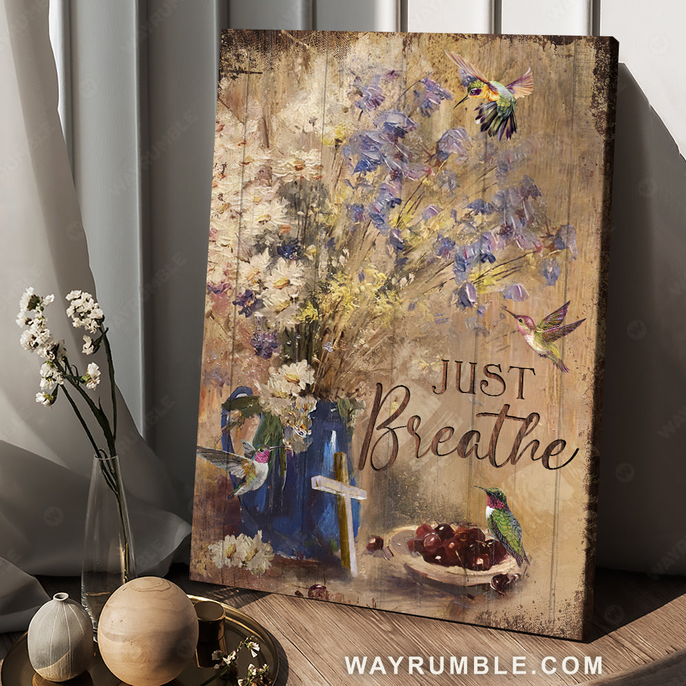 Watercolor flower, Lovely hummingbird, Blue vase, Just breathe - Jesus Portrait Canvas Prints, Home Decor Wall Art