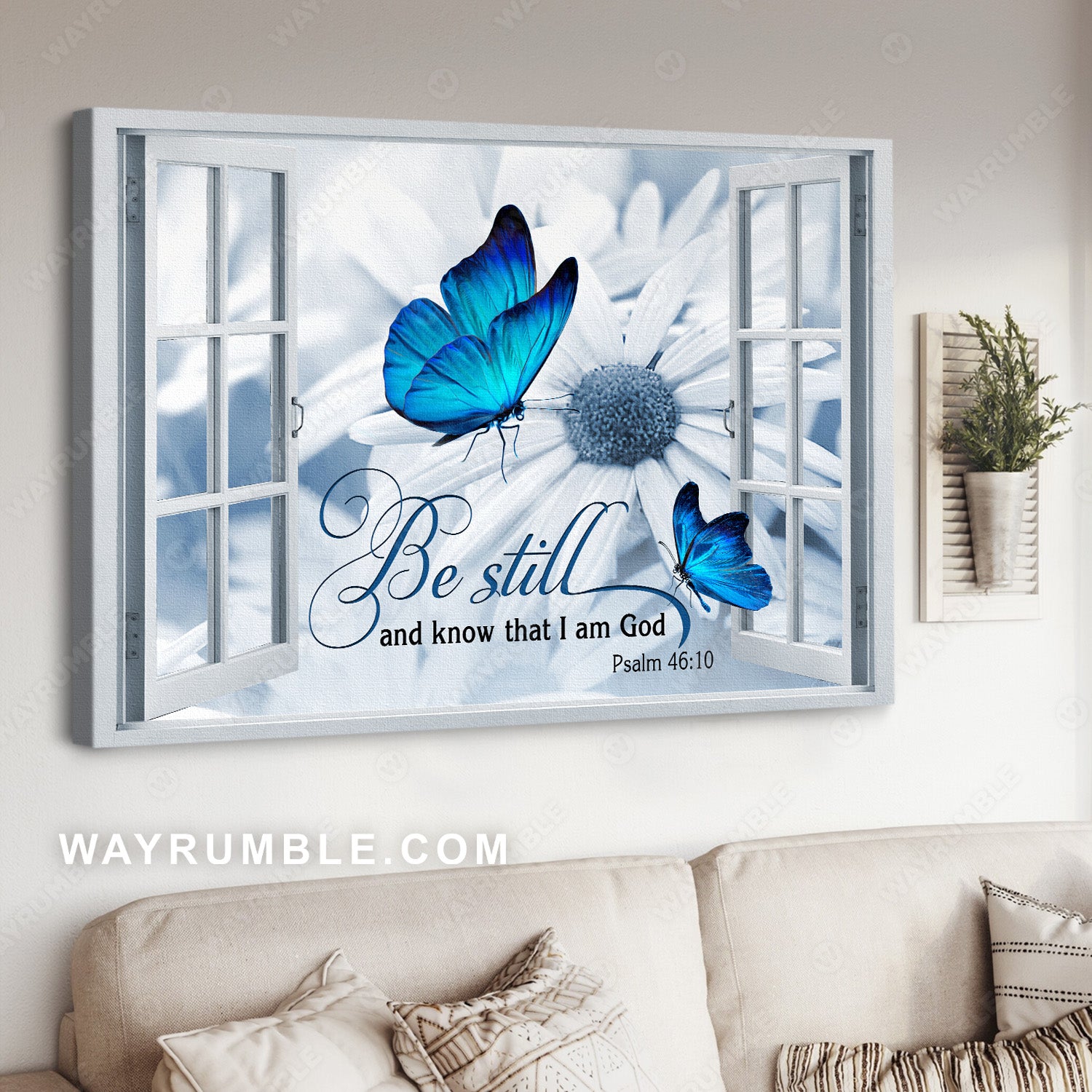 Blue butterfly, White daisy, Window frame, Be still I am God - Jesus Landscape Canvas Prints, Christian Wall Art