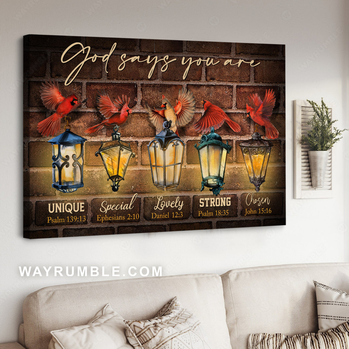 Red cardinals, Street lamps, God says you are unique - Jesus Landscape Canvas Prints, Christian Wall Art