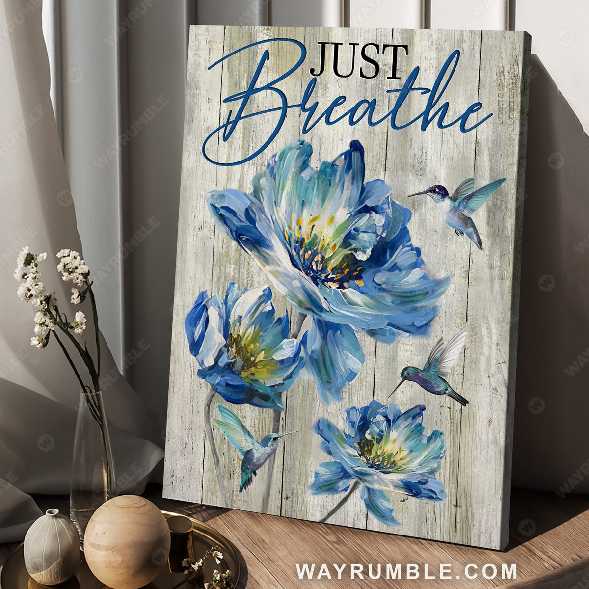 Blue chrysanthemum flower, Hummingbird drawing, Just breathe - Jesus Portrait Canvas Prints, Christian Wall Art