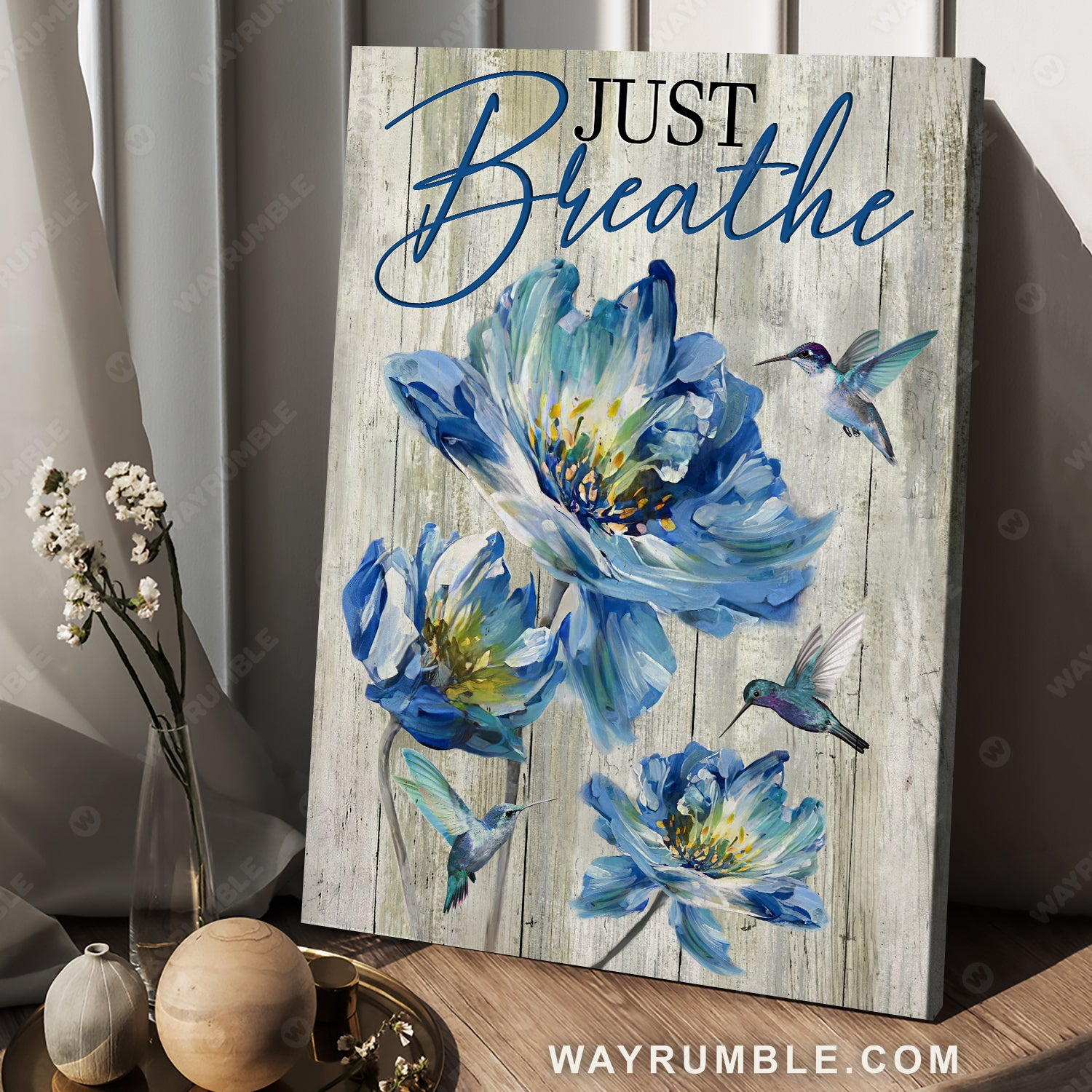 Blue chrysanthemum flower, Hummingbird drawing, Just breathe - Jesus Portrait Canvas Prints, Christian Wall Art