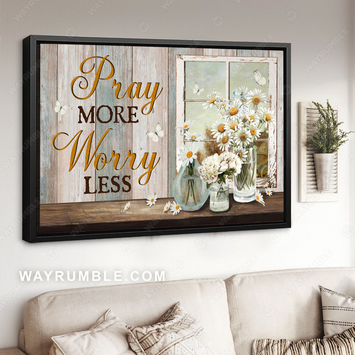 Daisy Flower, White butterfly, Window frame, Pray more, Worry less  - Jesus Landscape Canvas Prints, Christian Wall Art