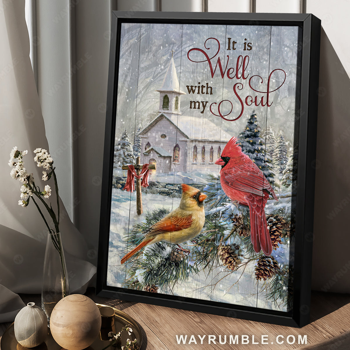 Christmas tree, Stunning cardinal, Winter drawing, It is well with my soul - Jesus Portrait Canvas Prints, Home Decor Wall Art