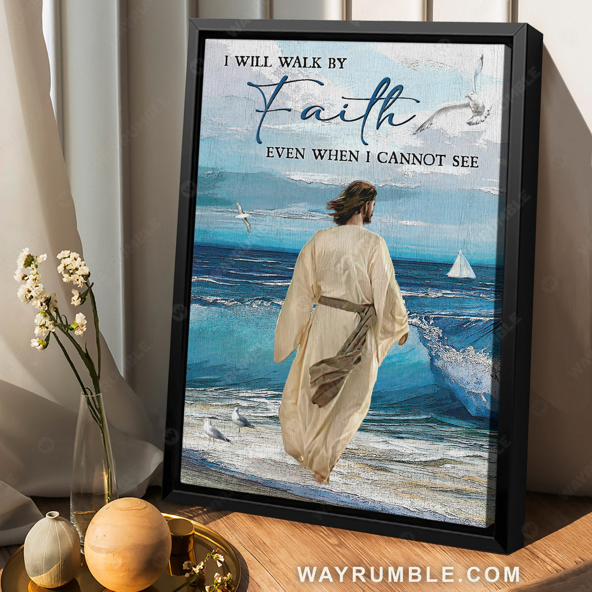 Amazing Jesus painting, Stunning ocean, Seagull, I will walk by faith - Jesus Portrait Canvas Prints, Christian Wall Art