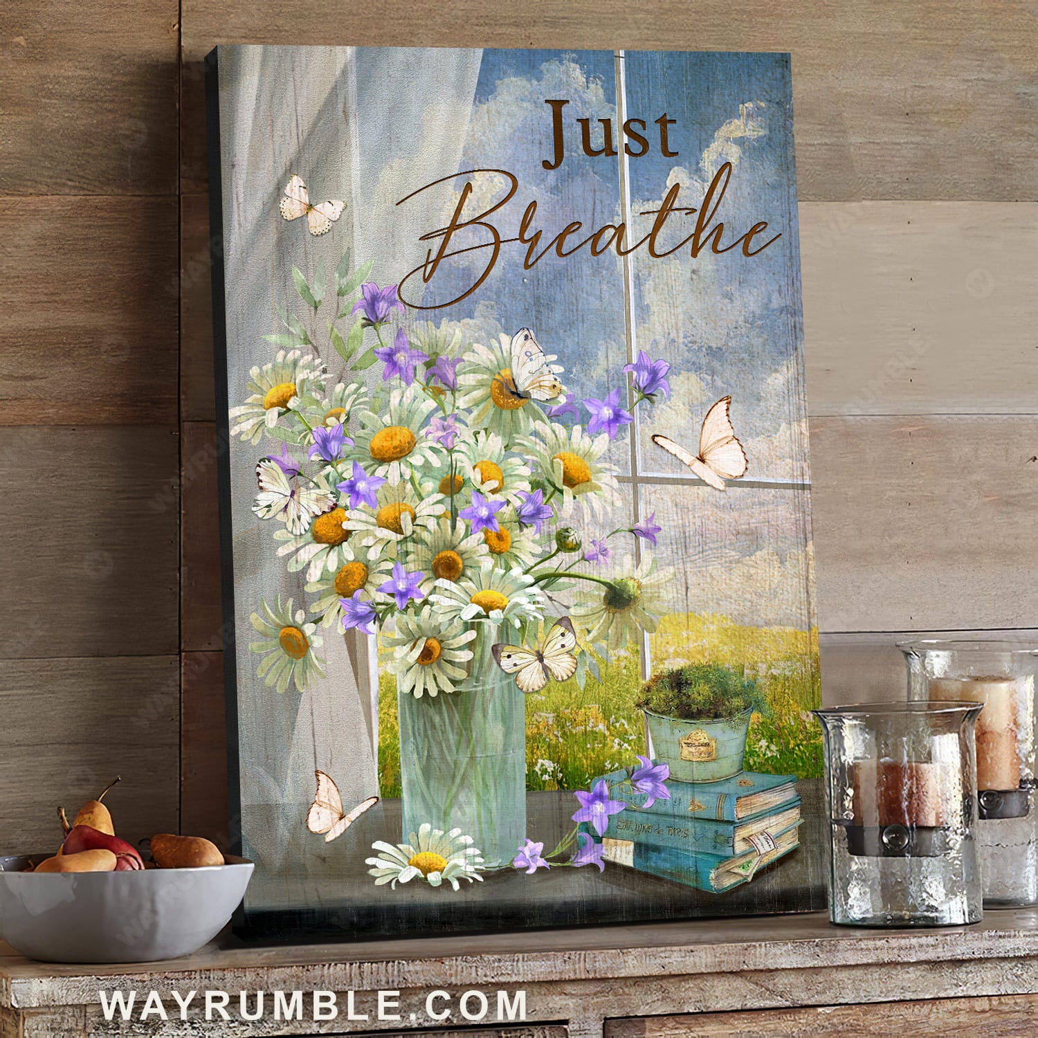 White daisy, Purple flower, Summer painting, Just breathe - Jesus Portrait Canvas Prints, Wall Art