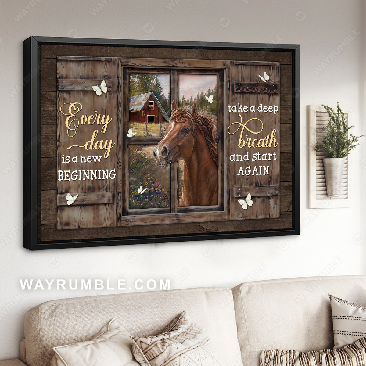 Brown horse, Cute window, Farm painting, Every day is a new beginning - Jesus Landscape Canvas Prints, Christian Wall Art