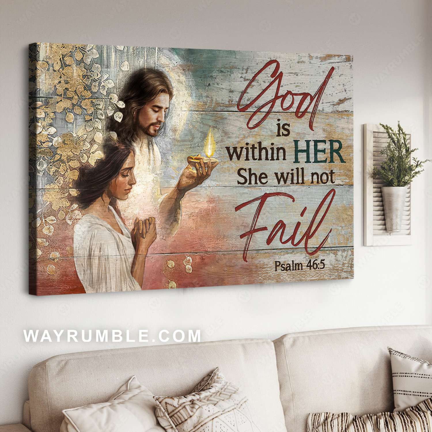 Woman prayer, Jesus light, Golden leaves, God is within her - Jesus Landscape Canvas Prints, Christian Wall Art