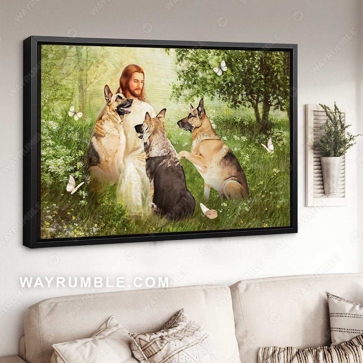 German Shepherd, Jesus painting, In the spring forest with Jesus - Jesus Landscape Canvas Prints, Christian Wall Art
