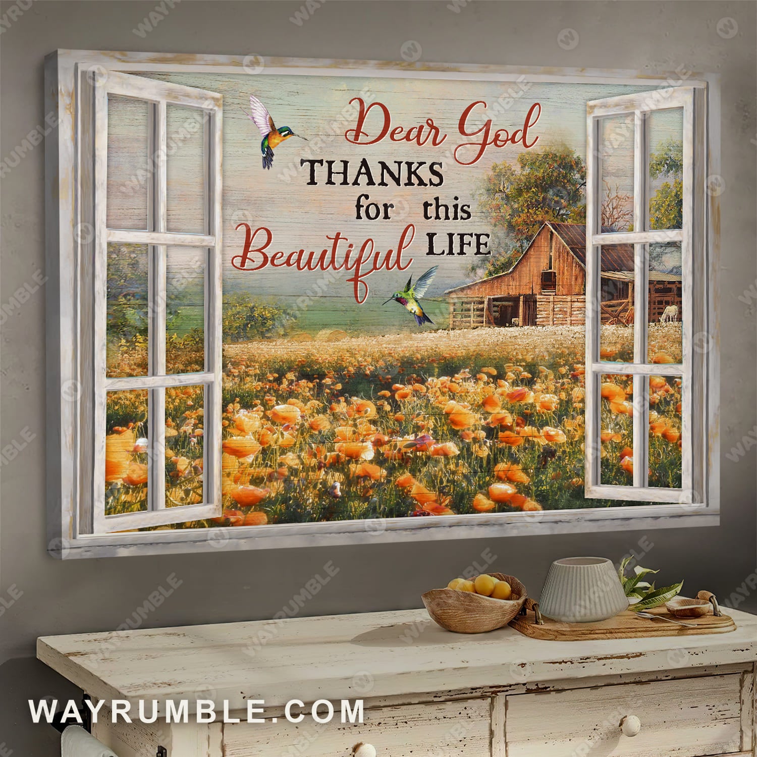 Orange tulip flower painting, Colorful hummingbird, Thanks for this beautiful life - Jesus Landscape Canvas Prints, Wall Art