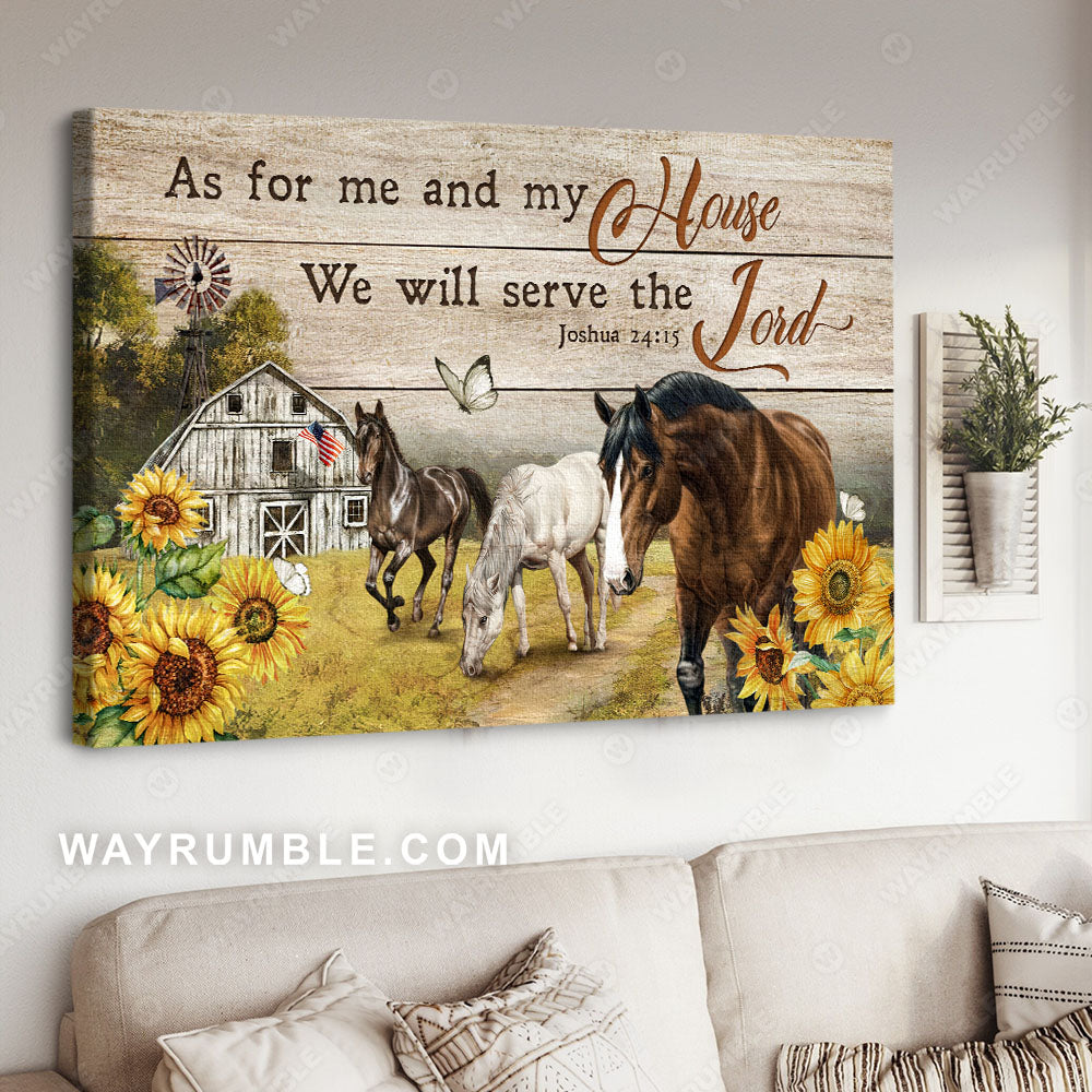 Horses painting, Cloudy sky, Sunflower field, US flag, We will serve the Lord - Jesus Landscape Canvas Prints, Christian Wall Art