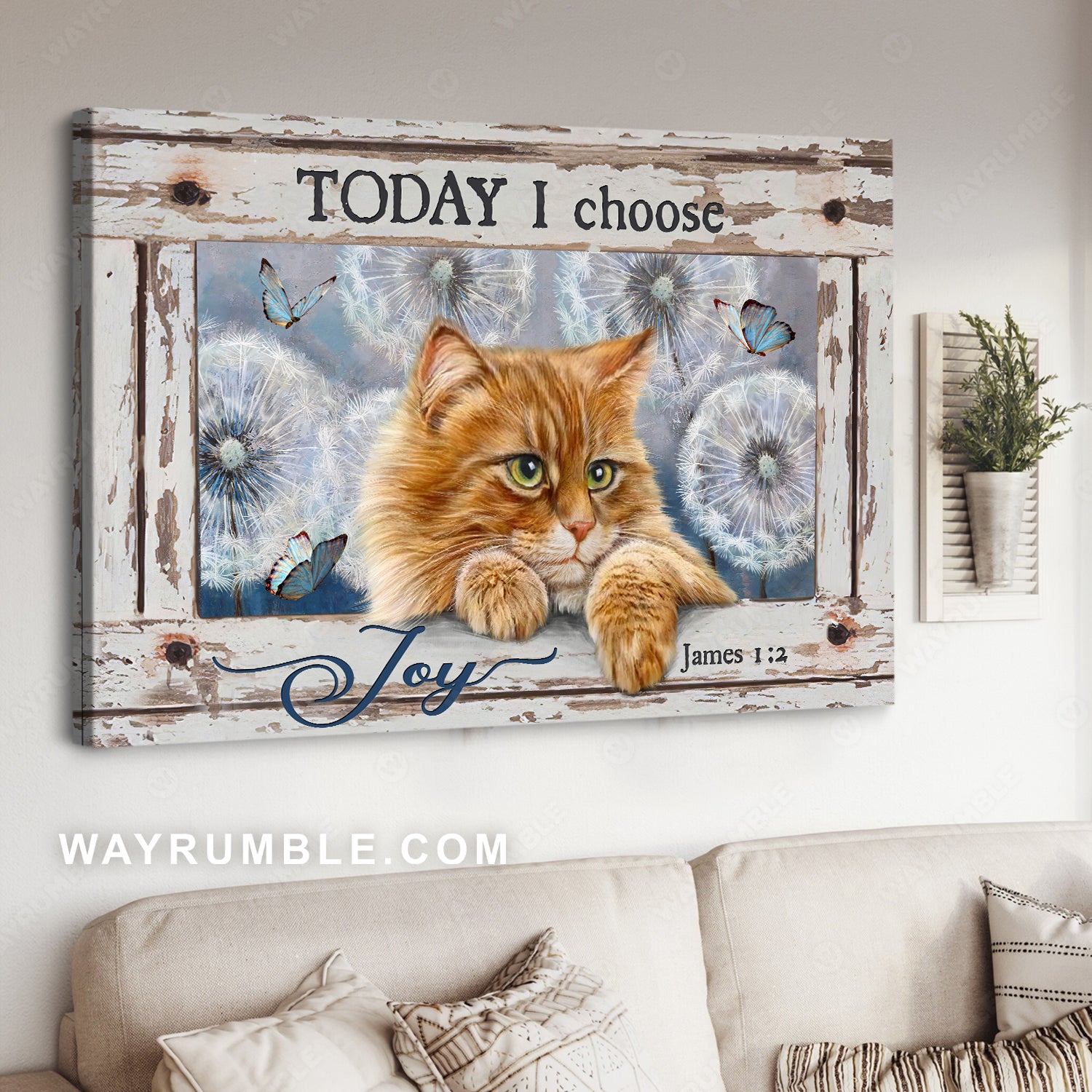 Tabby cat, Giant dandelion, Blue butterfly, Today I choose joy - Jesus Landscape Canvas Prints, Christian Wall Art