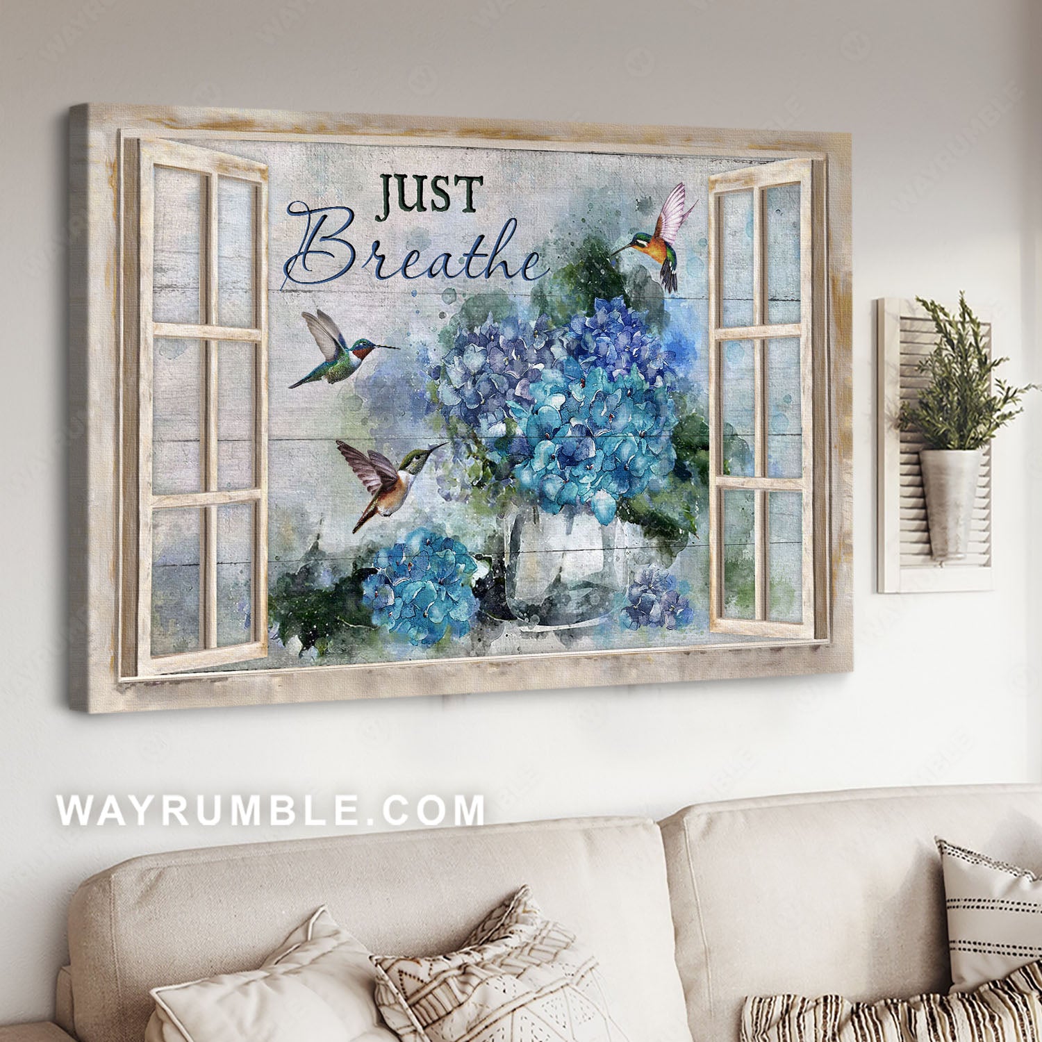 Blue hydrangea, Green hummingbird, Window frame, Just breathe - Jesus Landscape Canvas Prints, Christian Wall Art