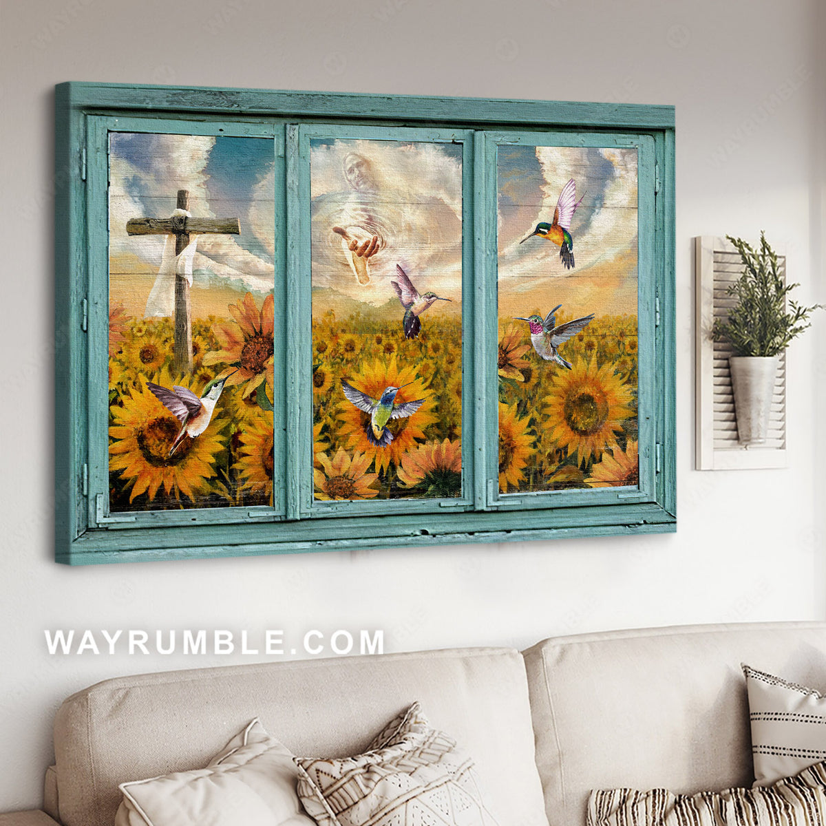 Sunflower field, God in heaven, Colorful hummingbirds - Jesus Landscape Canvas Prints, Christian Wall Art