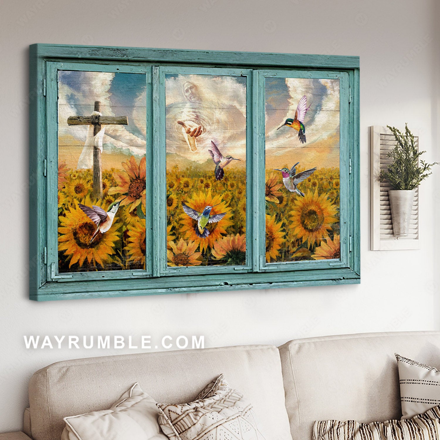 Sunflower field, God in heaven, Colorful hummingbirds - Jesus Landscape Canvas Prints, Christian Wall Art