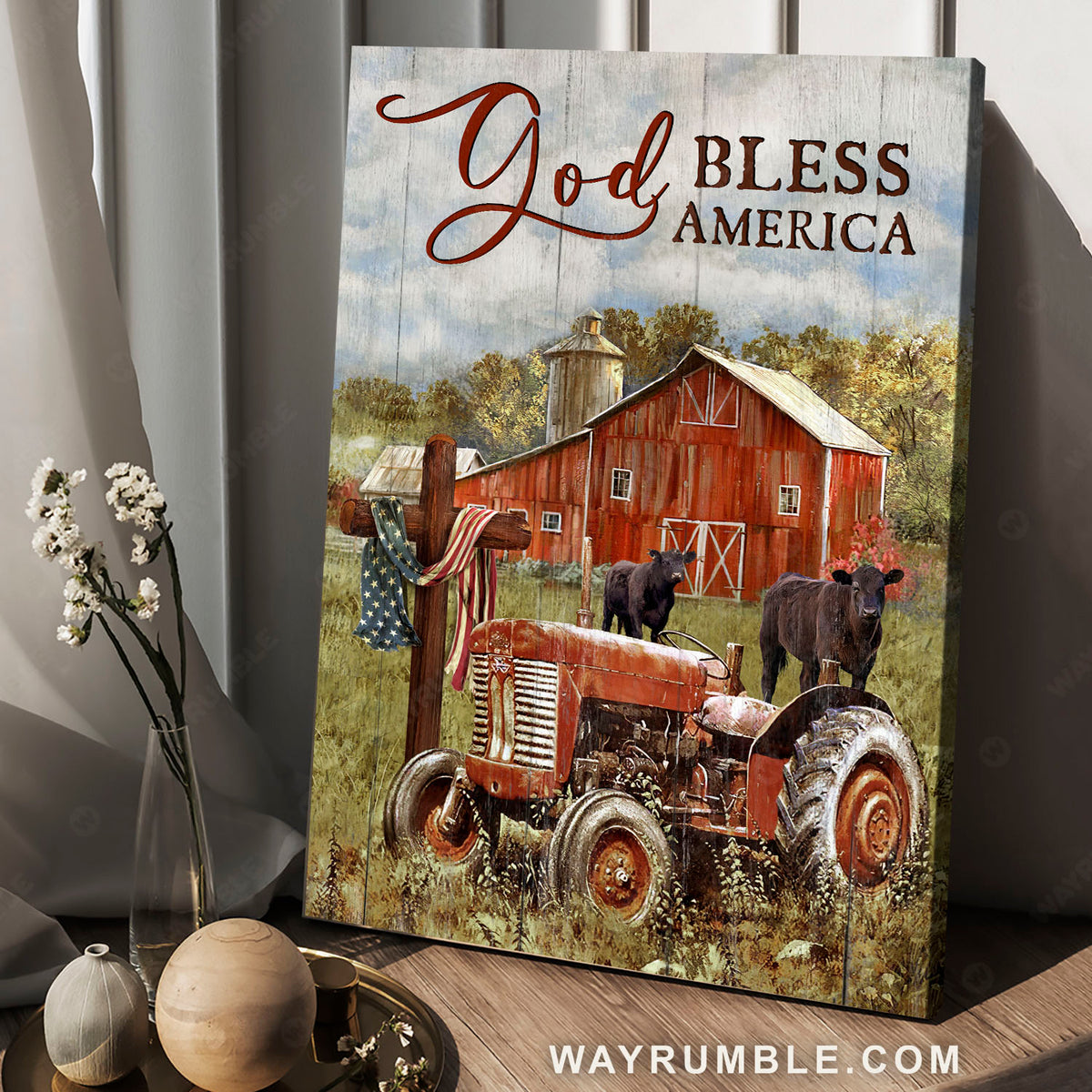 Red tractor, Storage shed, Black cow, God bless America - Jesus Portrait Canvas Prints, Christian Wall Art