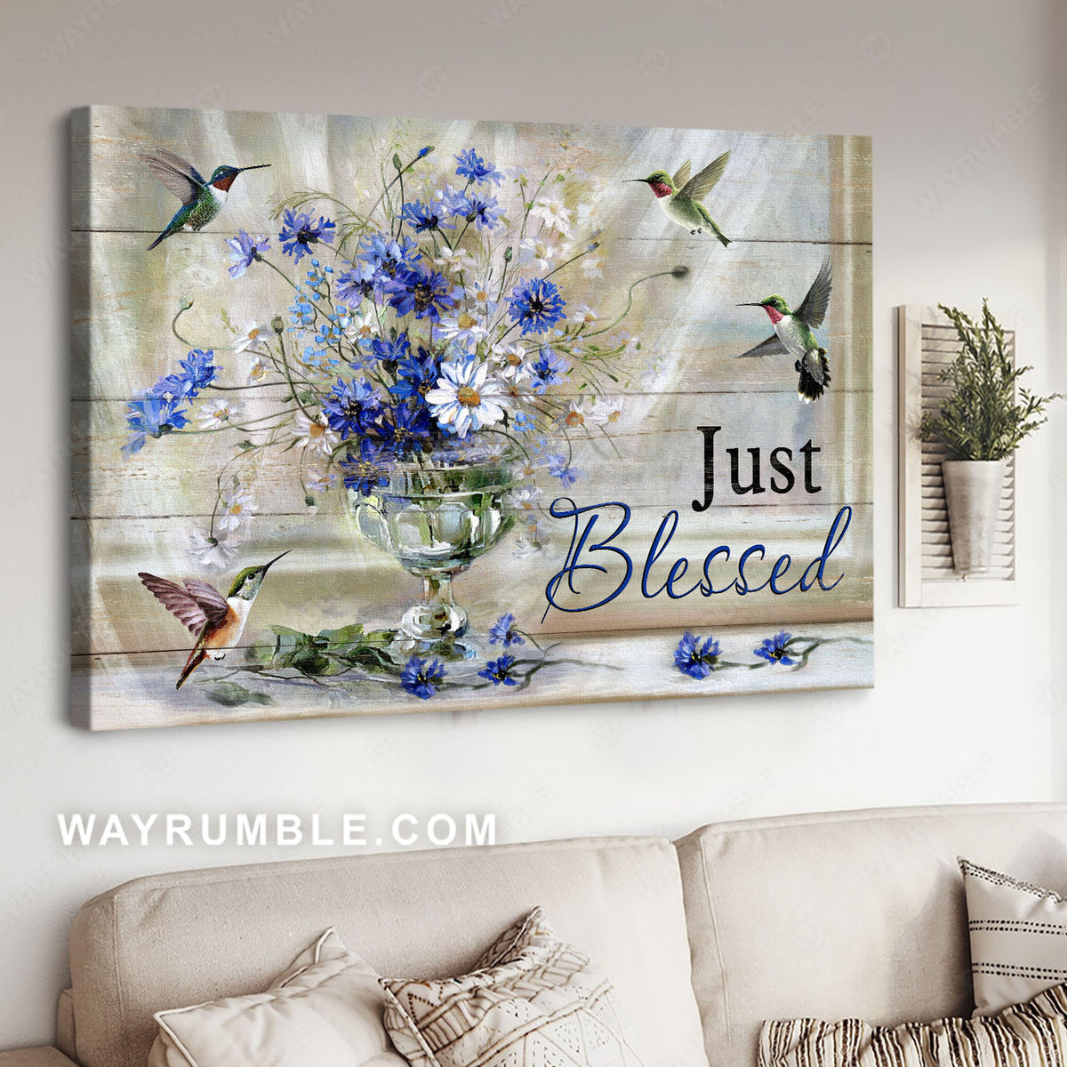 Blue daisy, Daisy flower, Hummingbirds, Just blessed- Jesus Landscape Canvas Prints, Christian Wall Art