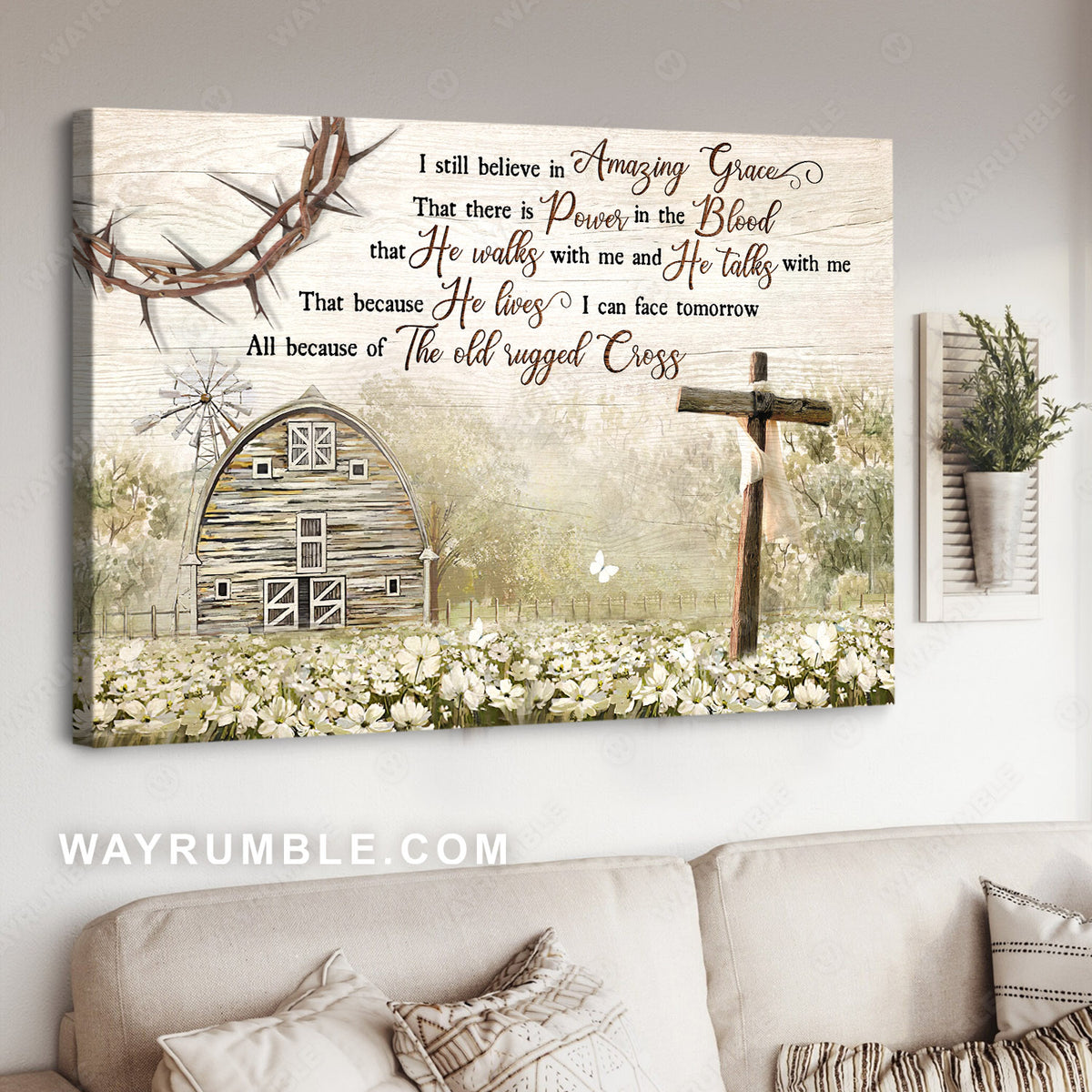 White flower field, Cross symbol, Vintage house, I still believe in amazing grace - Jesus Landscape Canvas Prints, Christian Wall Art