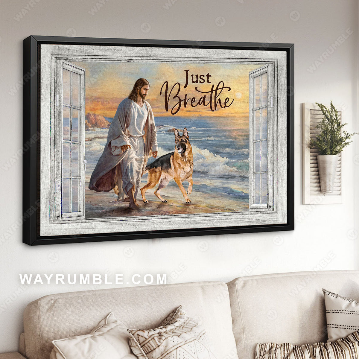 Walking with Jesus, German shepherd dog, Sunset, Just breathe - Jesus Landscape Canvas Prints, Christian Wall Art