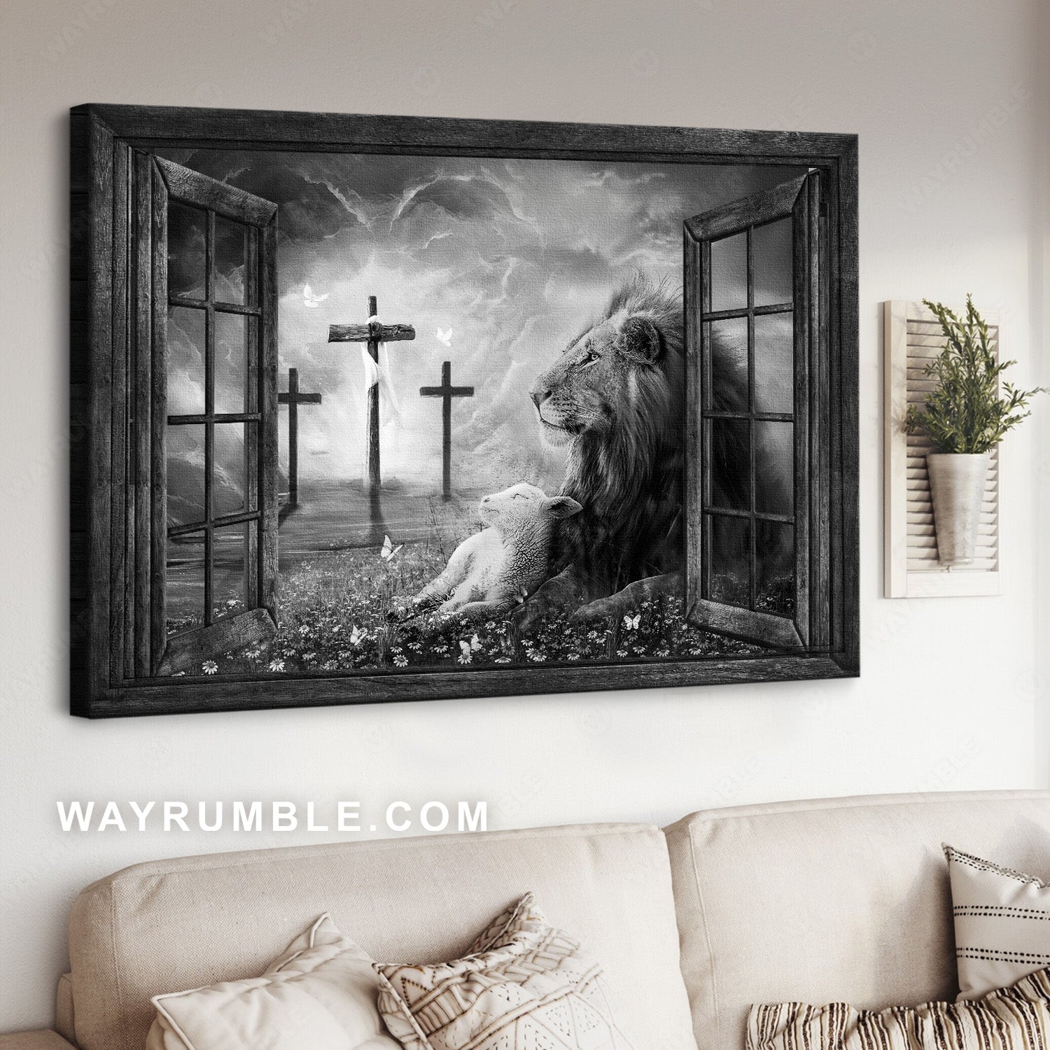 Black and White Lion of Judah, Lamb of God, Three rugged crosses, On a peaceful day - Jesus Landscape Canvas Prints, Wall Art