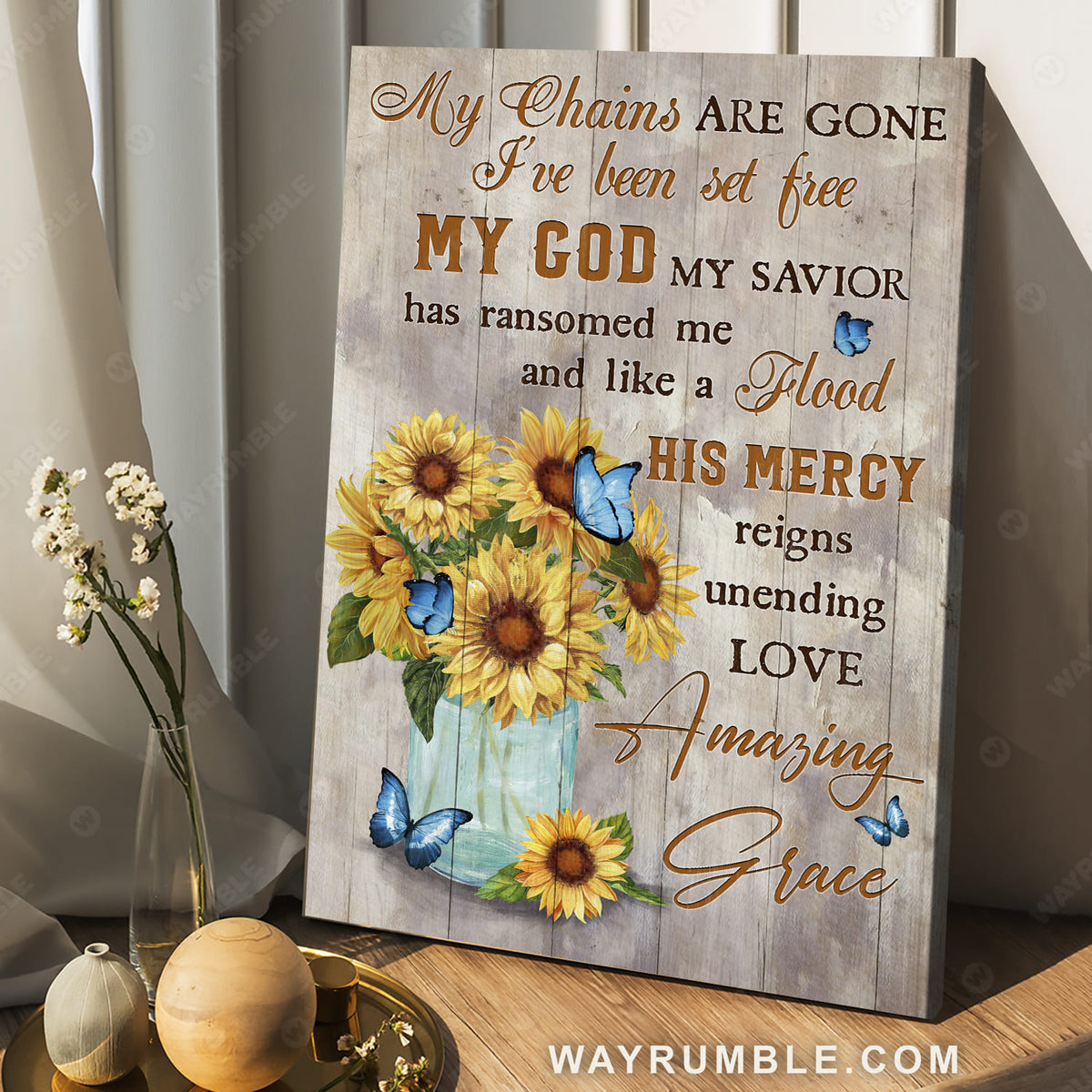 Sunflower drawing, Blue butterfly, My chains are gone I've been set free - Jesus Portrait Canvas Prints, Wall Art
