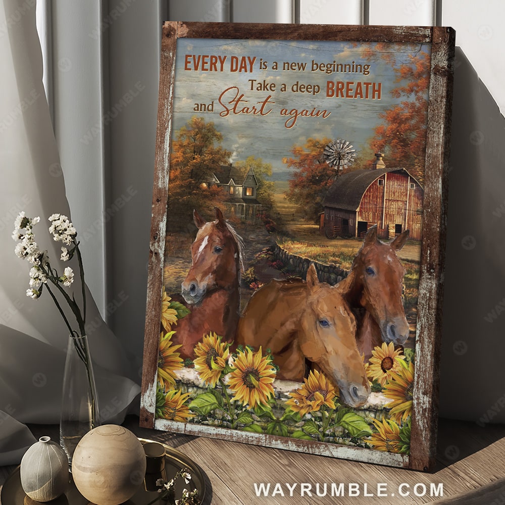 Watercolor horses, Sunflower farm, Vintage house, Every day is a new beginning - Jesus Portrait Canvas Prints, Christian Wall Art