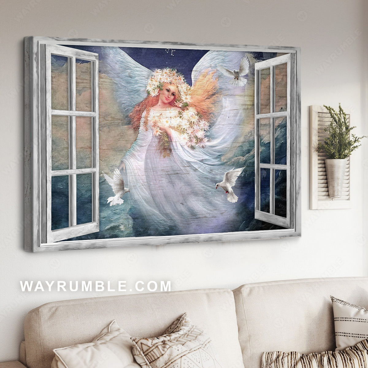 Beautiful angel, Daisy vase, White dove, The way to heaven - Jesus Landscape Canvas Prints, Christian Wall Art