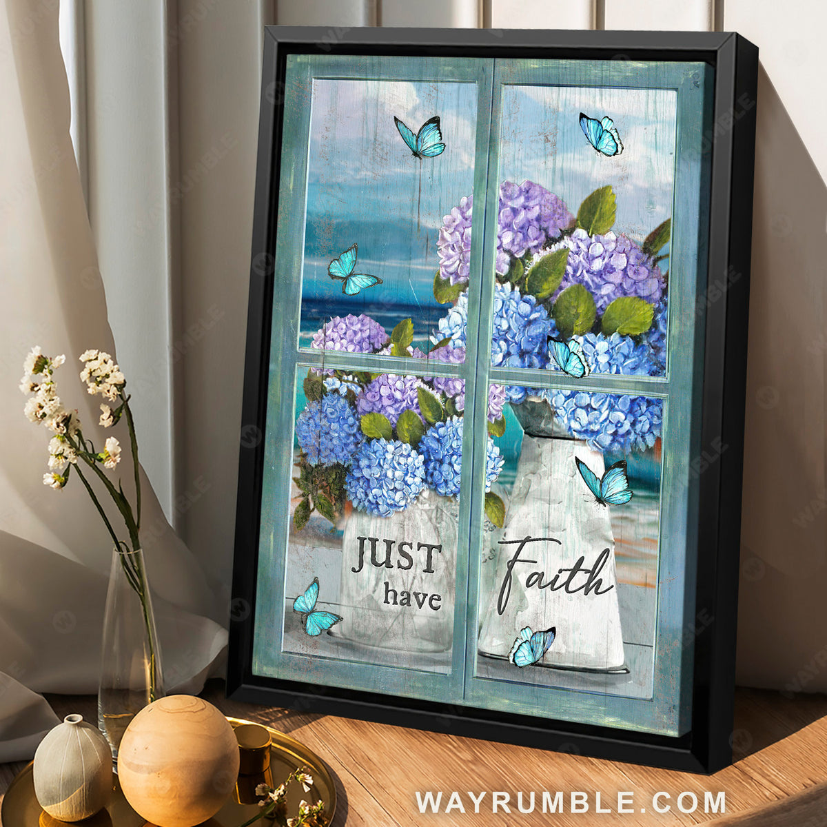 Beautiful hydrangea, Blue ocean, Pretty butterfly, Just have faith - Jesus Portrait Canvas Prints, Christian Wall Art