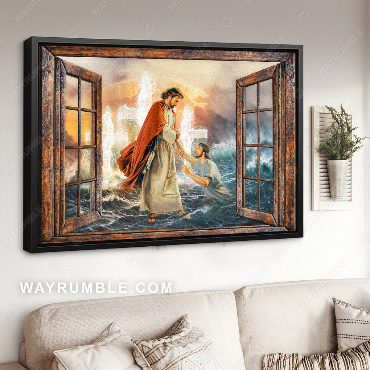 Jesus painting, Ocean storm, Jesus is our savior, Jesus saves the man - Jesus Landscape Canvas Prints, Christian Wall Art