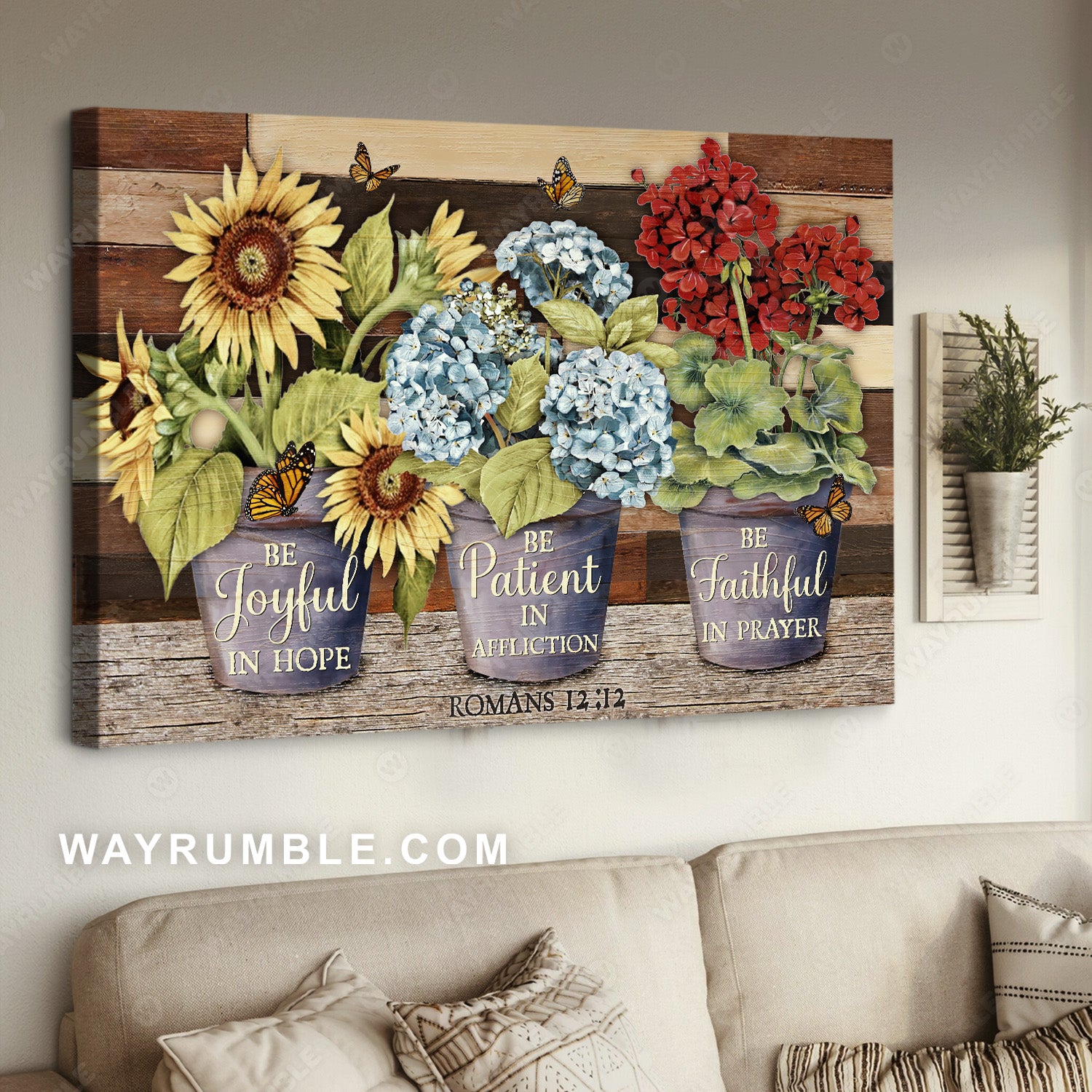 Colorful flower painting, Red hydrangea, Sunflower, Be joyful in hope - Jesus Landscape Canvas Prints, Home Decor Wall Art