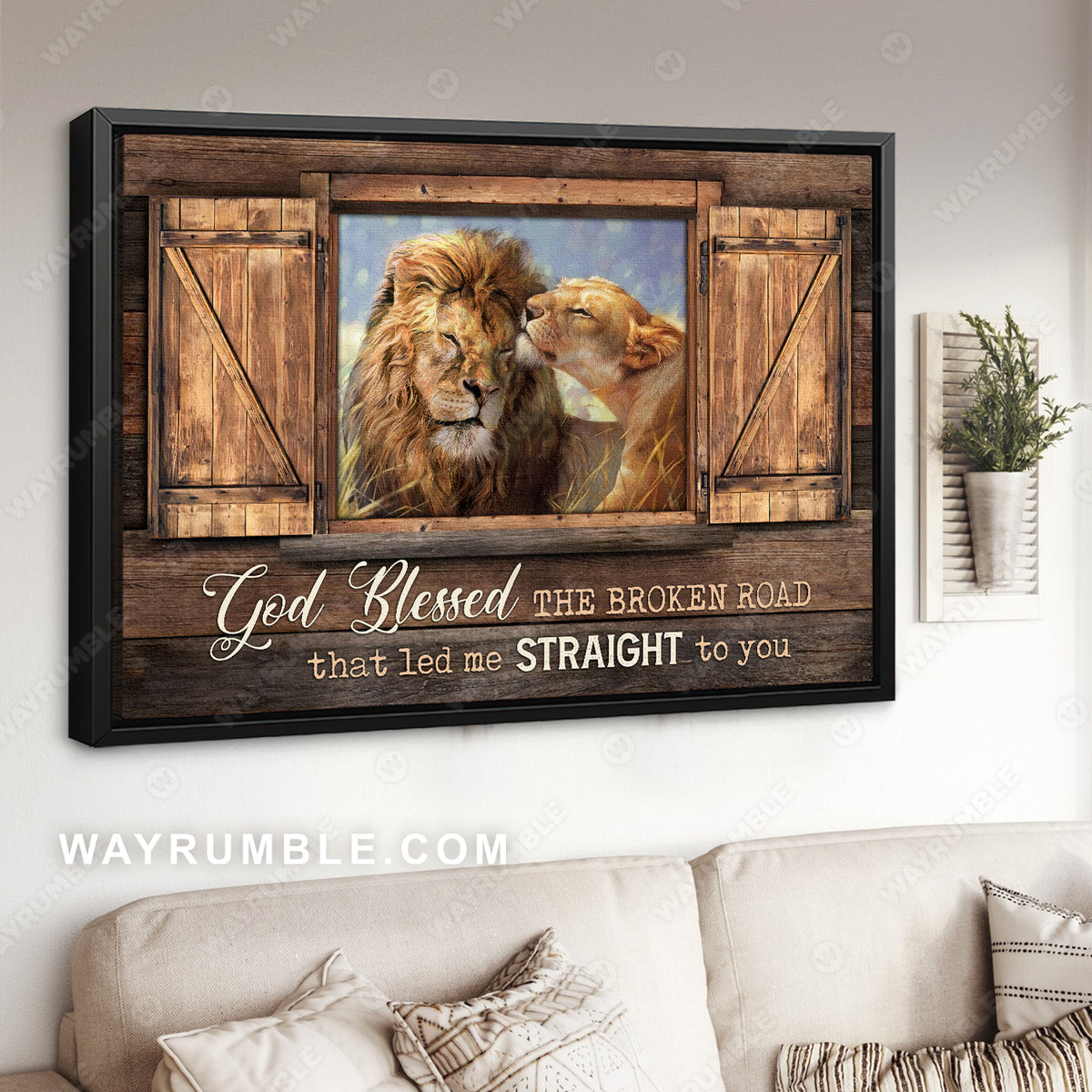 Lion couple, Lion painting, Old wooden door, God blessed the broken road that led me to you - Jesus Landscape Canvas Prints, Wall Art