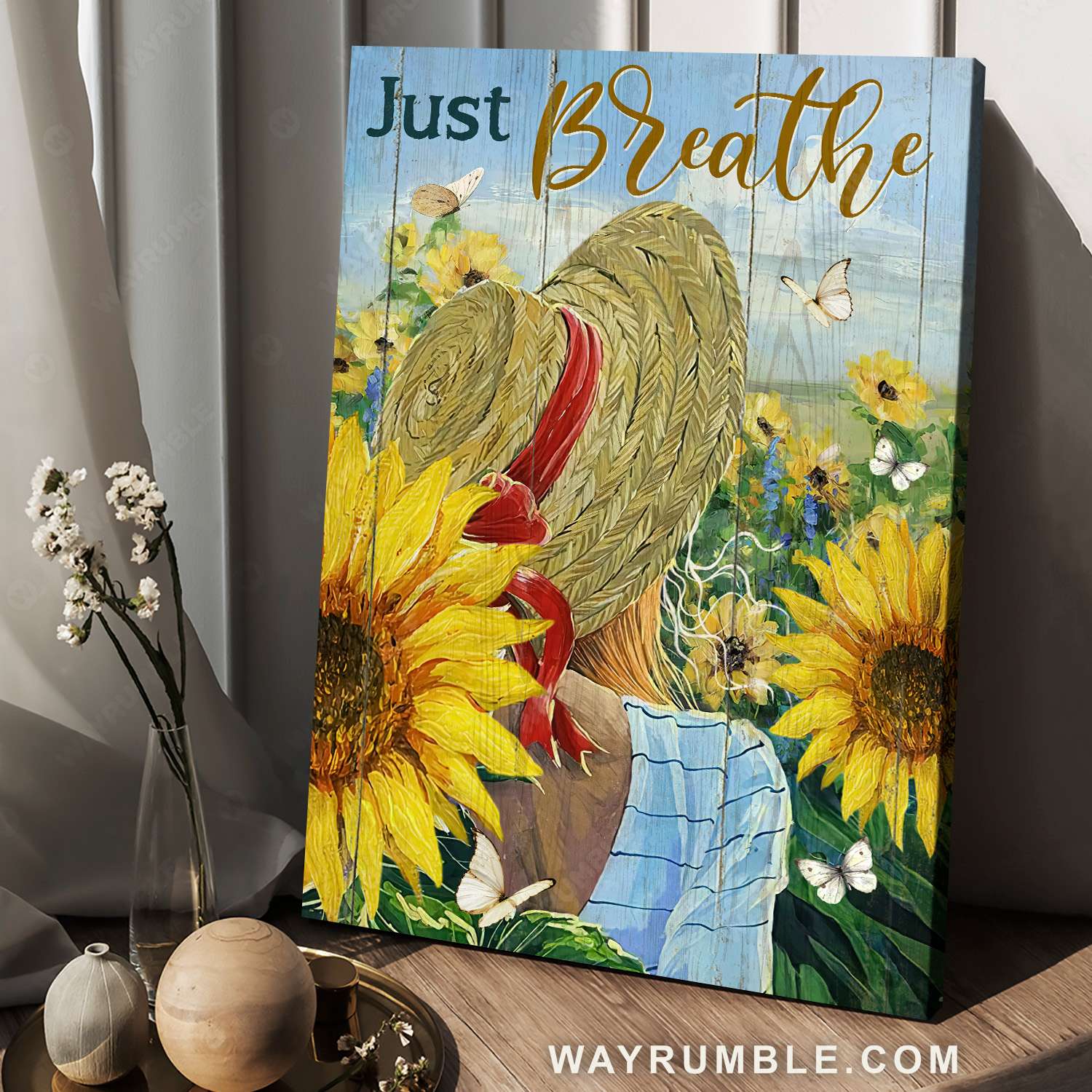 Beautiful girl, Straw hat, Sunflower, Blue sky, Just breathe - Jesus Portrait Canvas Prints, Christian Wall Art