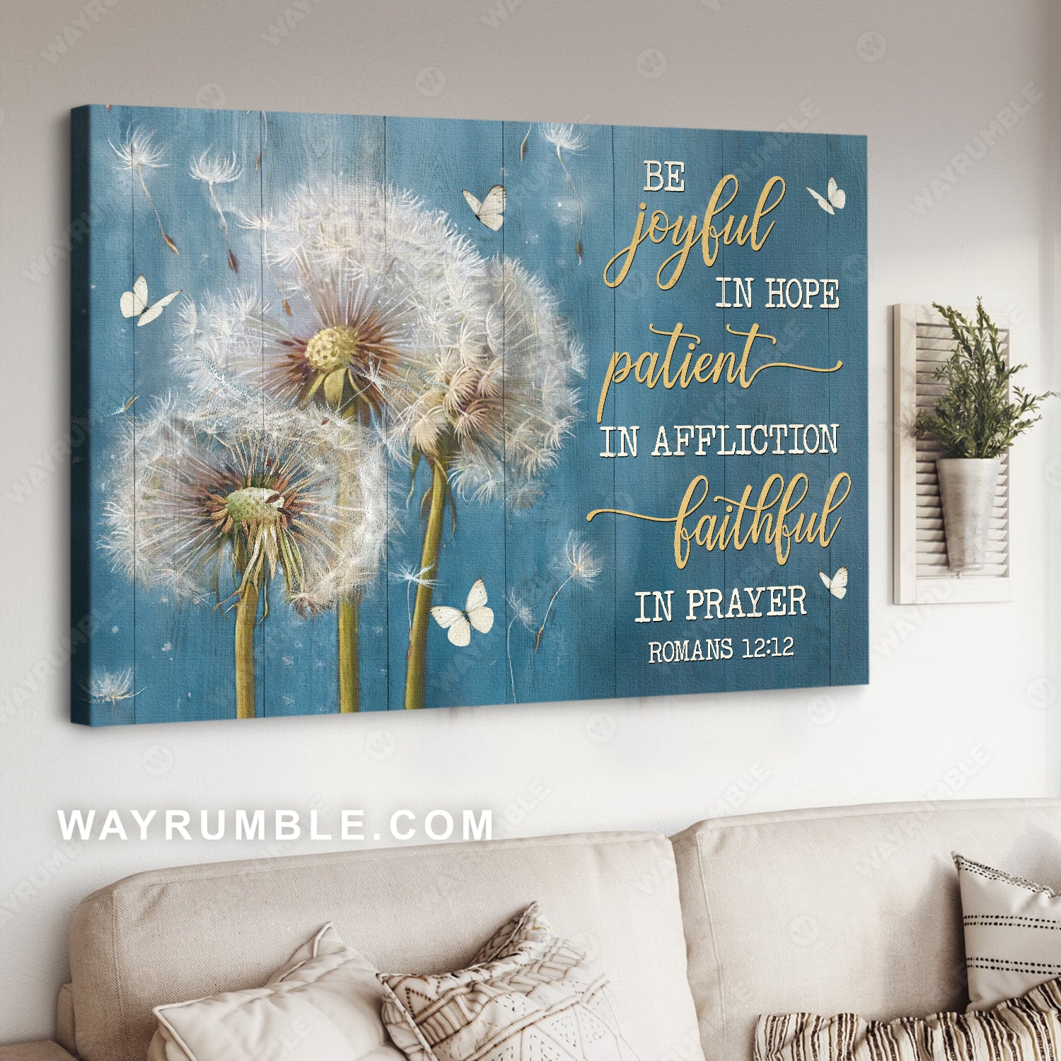 Watercolor dandelion, White butterfly, Be joyful in hope - Jesus Landscape Canvas Prints, Home Decor Wall Art