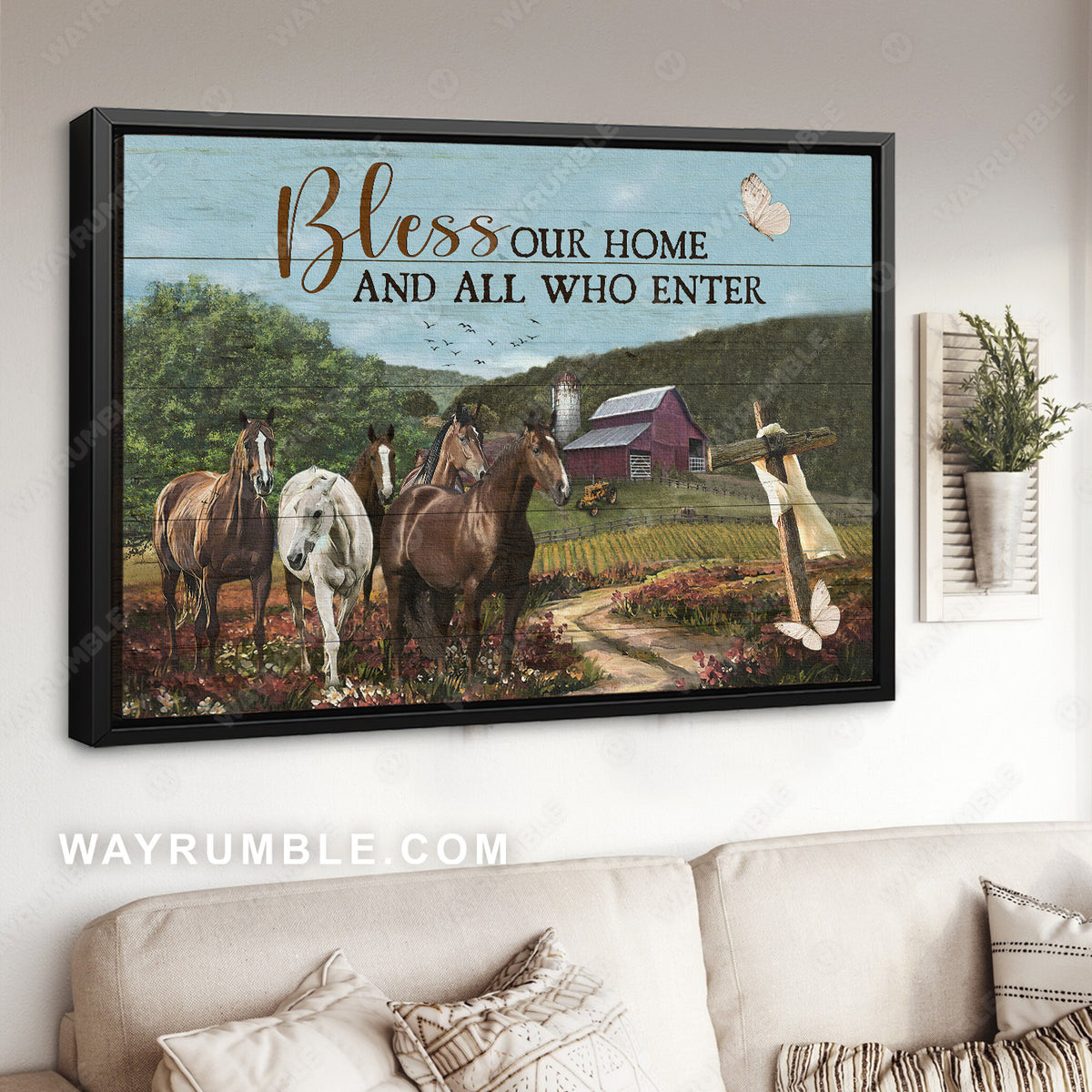 Quarter horses, Blue sky, Flower field, Bless our home - Jesus Landscape Canvas Prints, Christian Wall Art