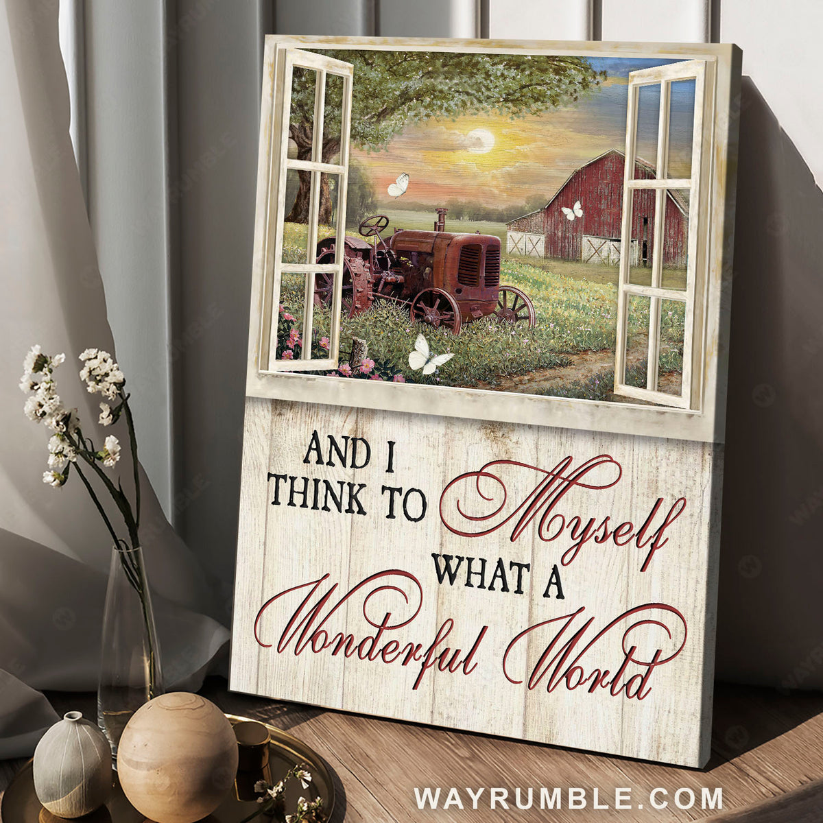 Red tractor, Tiny flower, Grass land, Sunny day, What a wonderful world - Jesus Portrait Canvas Prints, Christian Wall Art