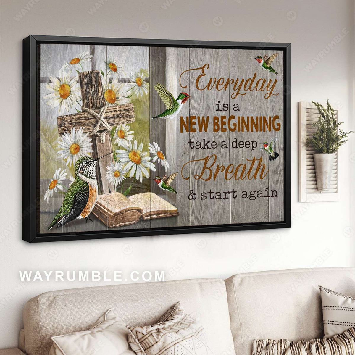 Cross symbol, Daisy flower, Humming bird, Bible, Everyday is a new beginning - Jesus Landscape Canvas Prints, Christian Wall Art
