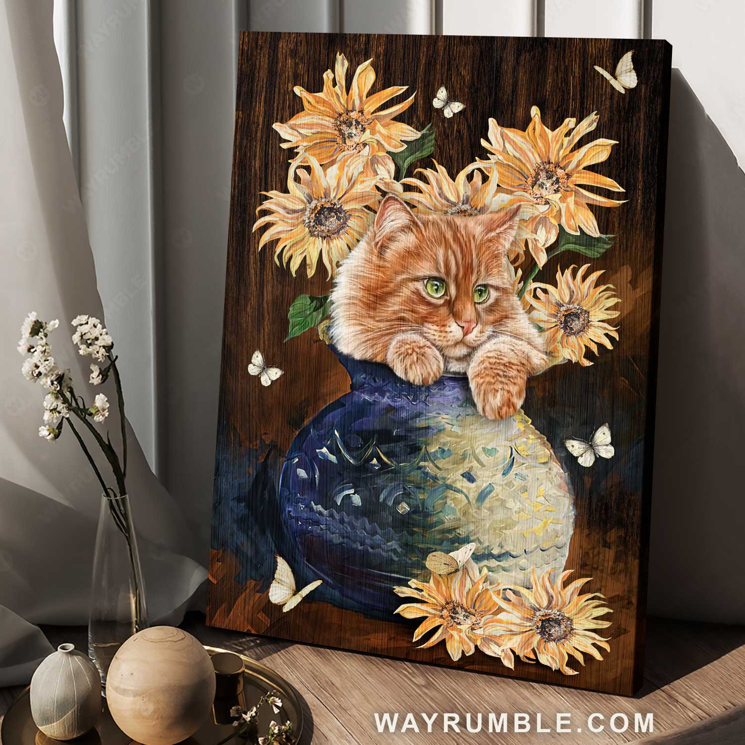 Stunning cat, Sunflower artwork, Vintage vase, Gift for cat lover, Home Decor - Jesus Portrait Canvas Prints, Home Decor Wall Art