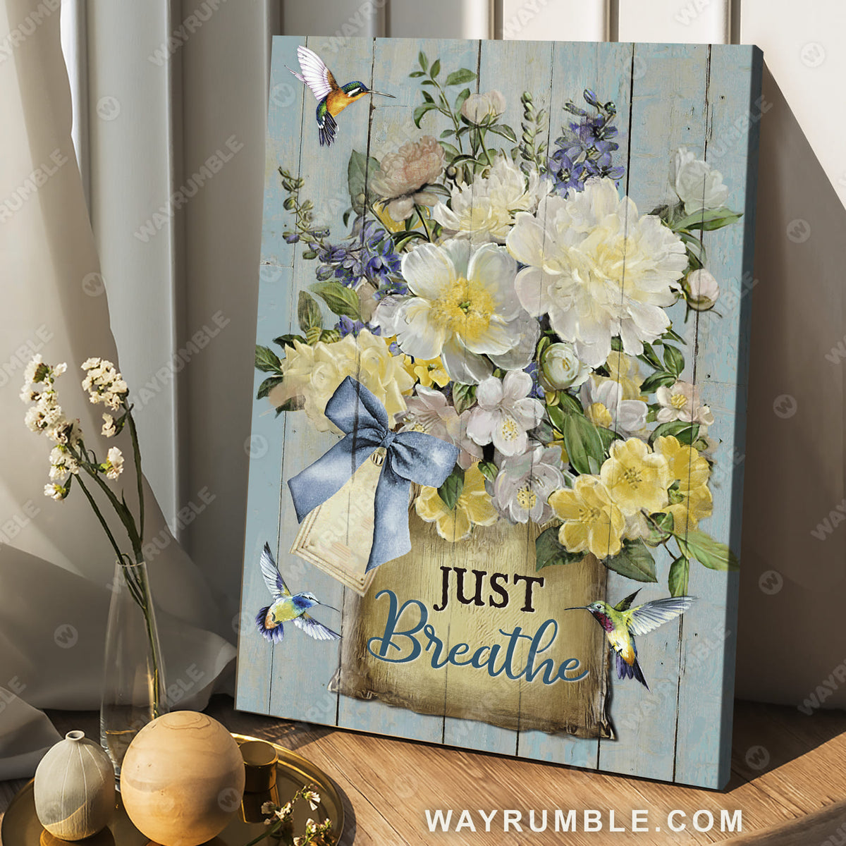 Light white flower, Colorful hummingbird, Violet flower, Just breathe - Jesus Portrait Canvas Prints, Wall Art