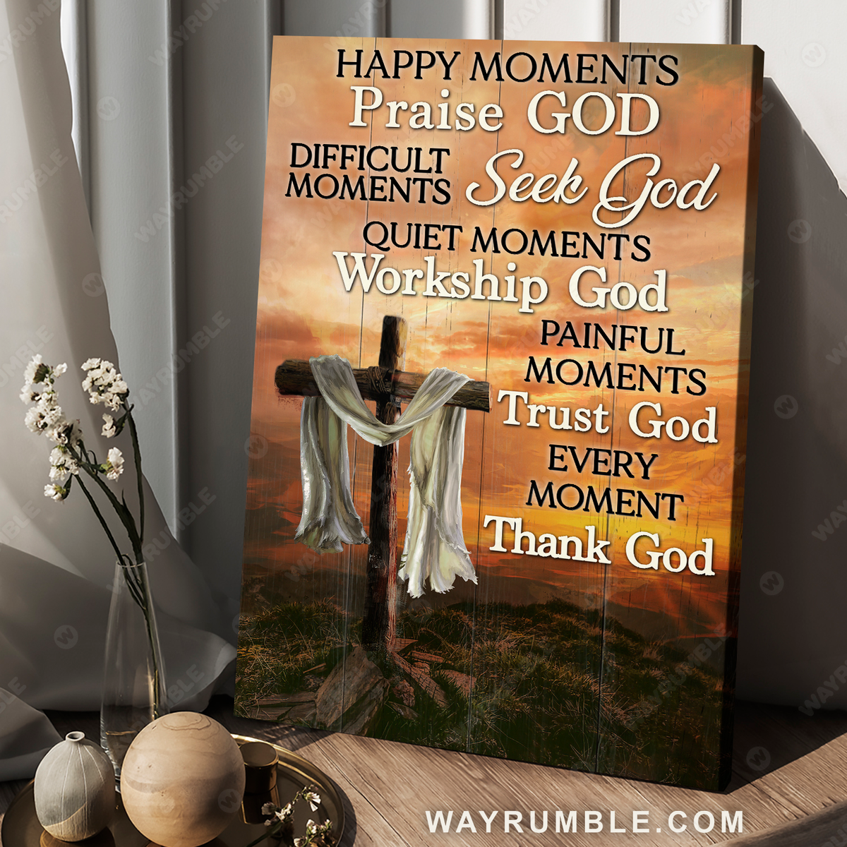 Orange sunset, Beautiful mountain, Wooden cross, Every moment Thank God - Jesus Portrait Canvas Prints, Wall Art