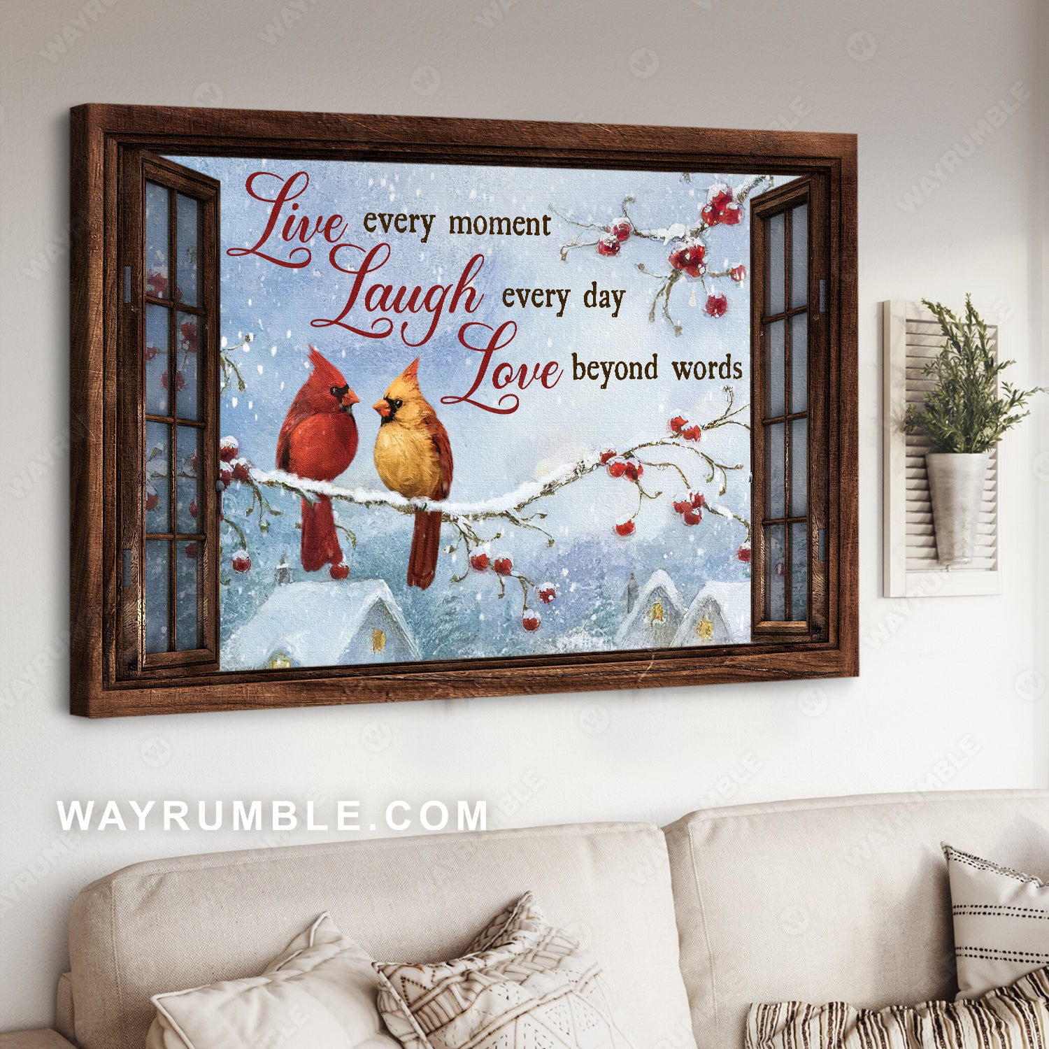 Winter forest, Lovely cardinal, Red cranberry, Live every moment - Jesus Landscape Canvas Prints, Home Decor Wall Art
