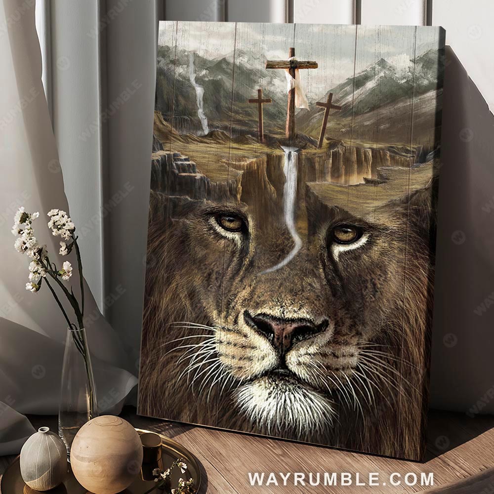 Lion painting, Lion of Judah, Valley landscape, The old rugged crosses - Jesus Portrait Canvas Prints, Christian Wall Art