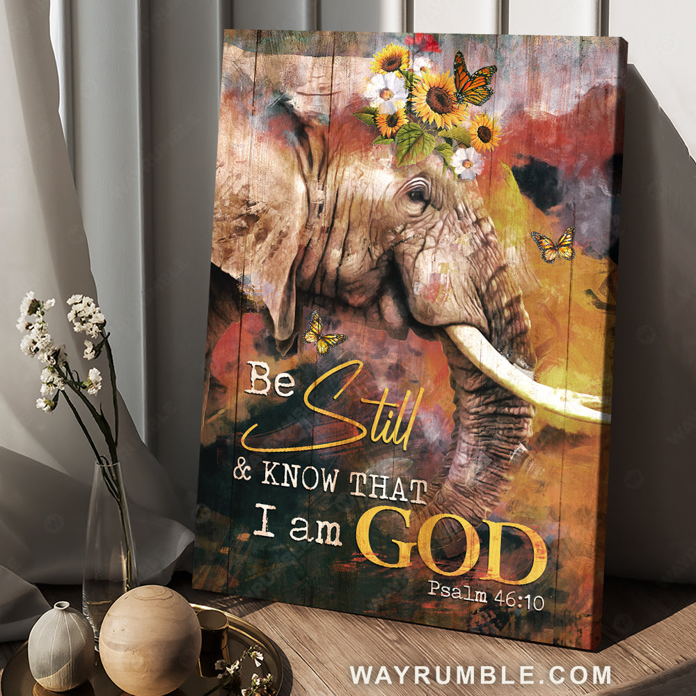 African elephant, Sunflower wreath, Watercolor painting, Be still I am God - Jesus Portrait Canvas Prints, Christian Wall Art