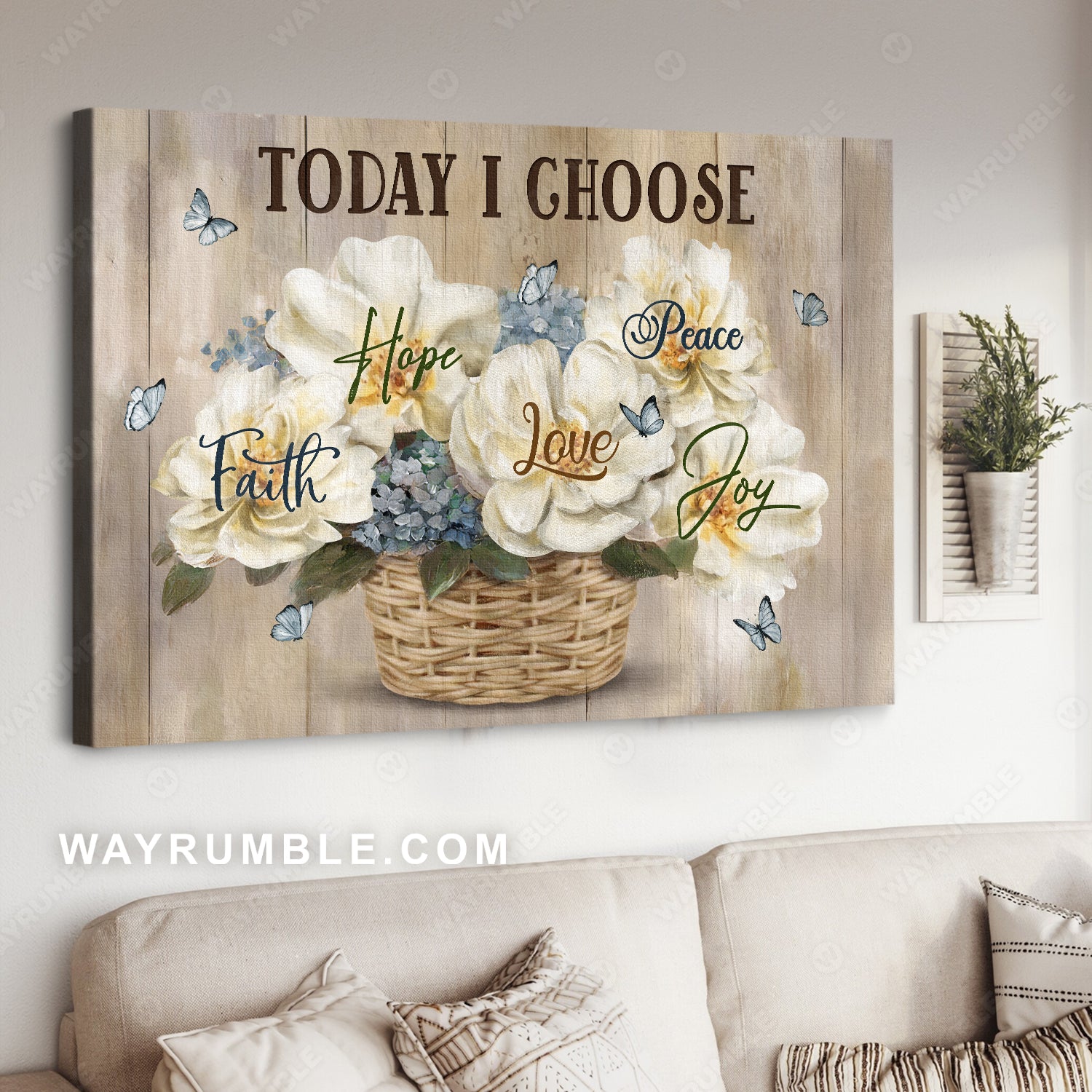 Vintage artwork, Beautiful flower, Blue butterfly, Today I choose joy - Jesus Landscape Canvas Prints, Home Decor Wall Art
