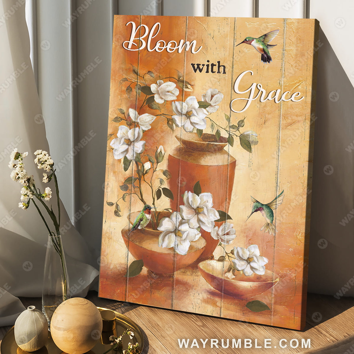Jasmine flower, Ceramic vase, Colorful hummingbird, Bloom with grace - Jesus Portrait Canvas Prints, Wall Art